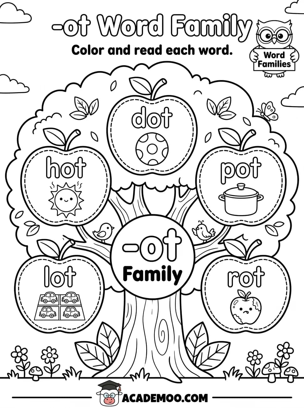 -ot Word Family worksheet kindergarten language arts printable PDF · Color and read each -ot word on the apple tree: dot, hot, pot, lot, rot.