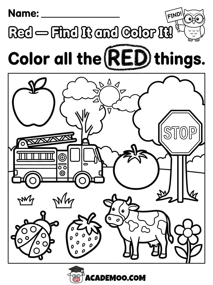 Red Find It and Color It worksheet pre-k math printable PDF · Printable red find it and color it worksheet for Pre-K.