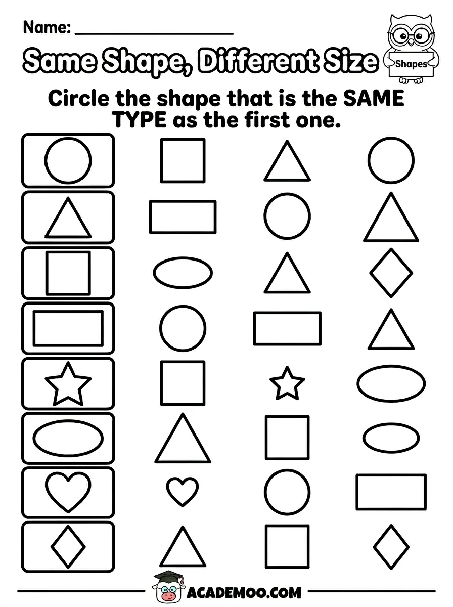Same Shape Different Size worksheet pre-k math printable PDF · Printable same shape different size worksheet for Pre-K.
