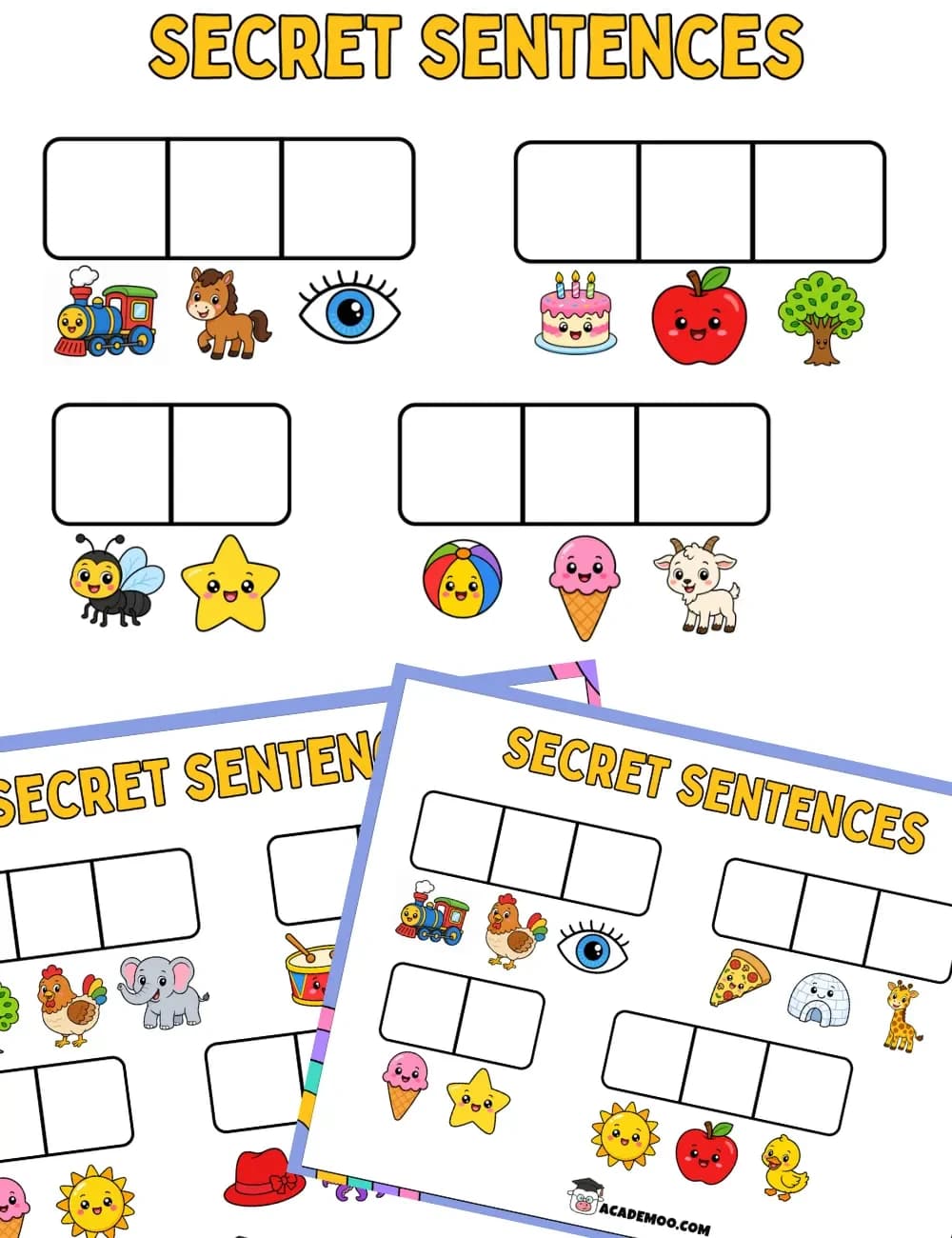 Secret Sentences worksheet kindergarten language arts printable PDF · Printable Secret Sentences worksheet pack for Kindergarten.