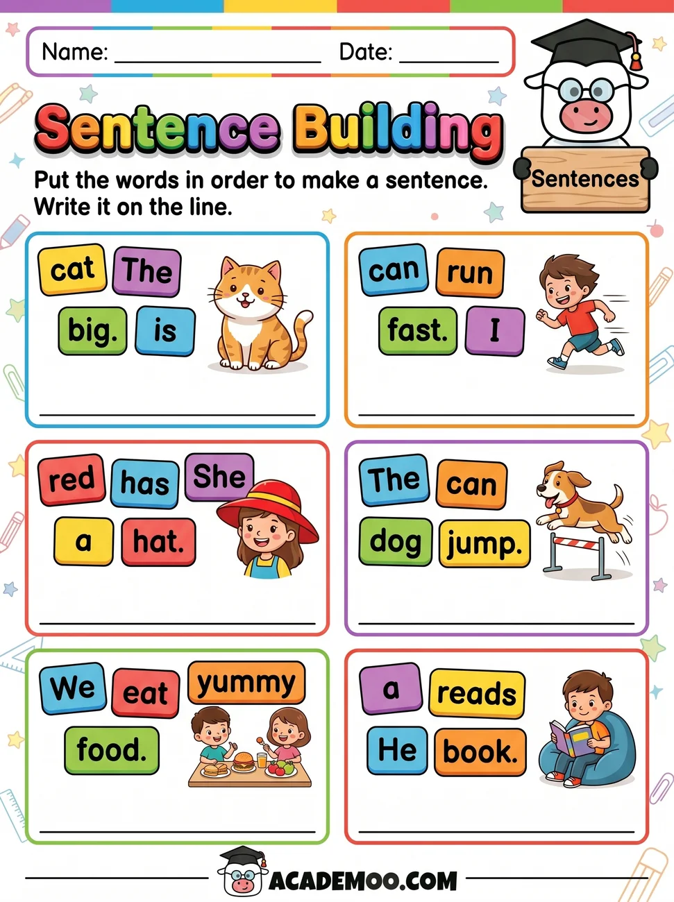 Sentence Building worksheet kindergarten language arts printable PDF · Printable sentence building worksheet for Kindergarten.
