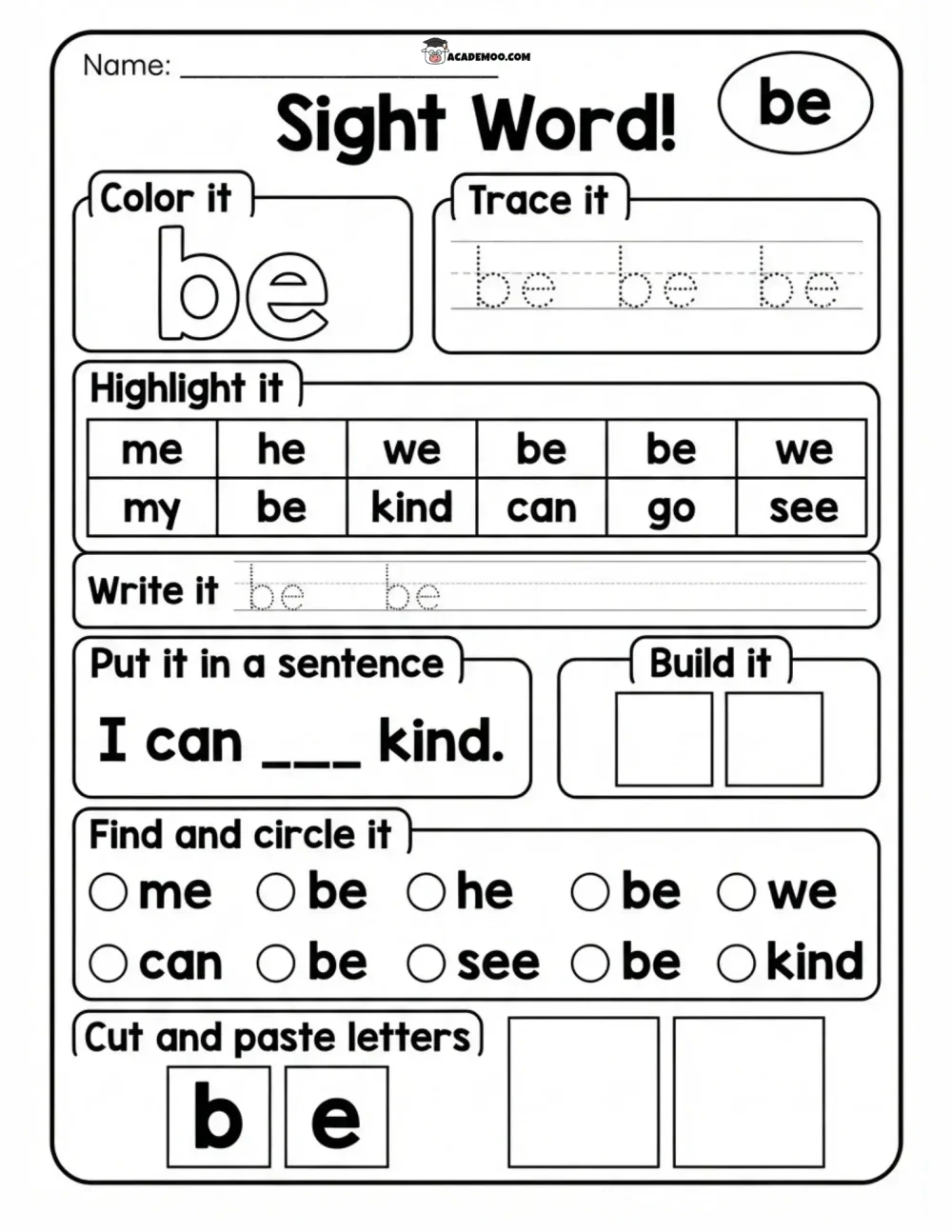 Sight Word Be worksheet kindergarten language arts printable PDF · Printable sight word be worksheet for Kindergarten.