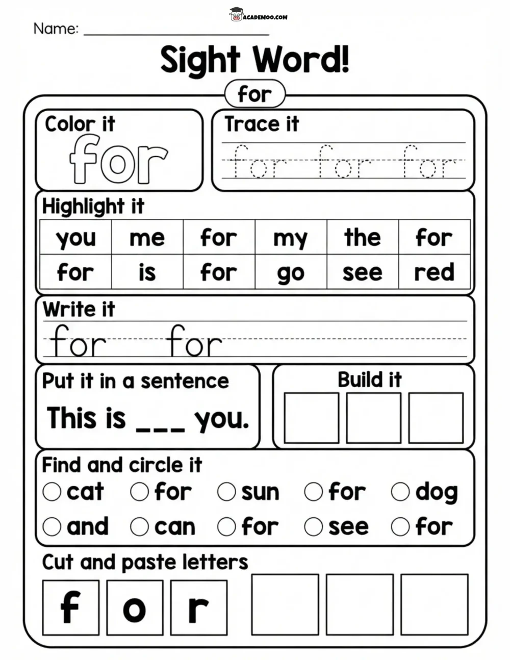 Sight Word For worksheet kindergarten language arts printable PDF · Printable sight word for worksheet for Kindergarten.