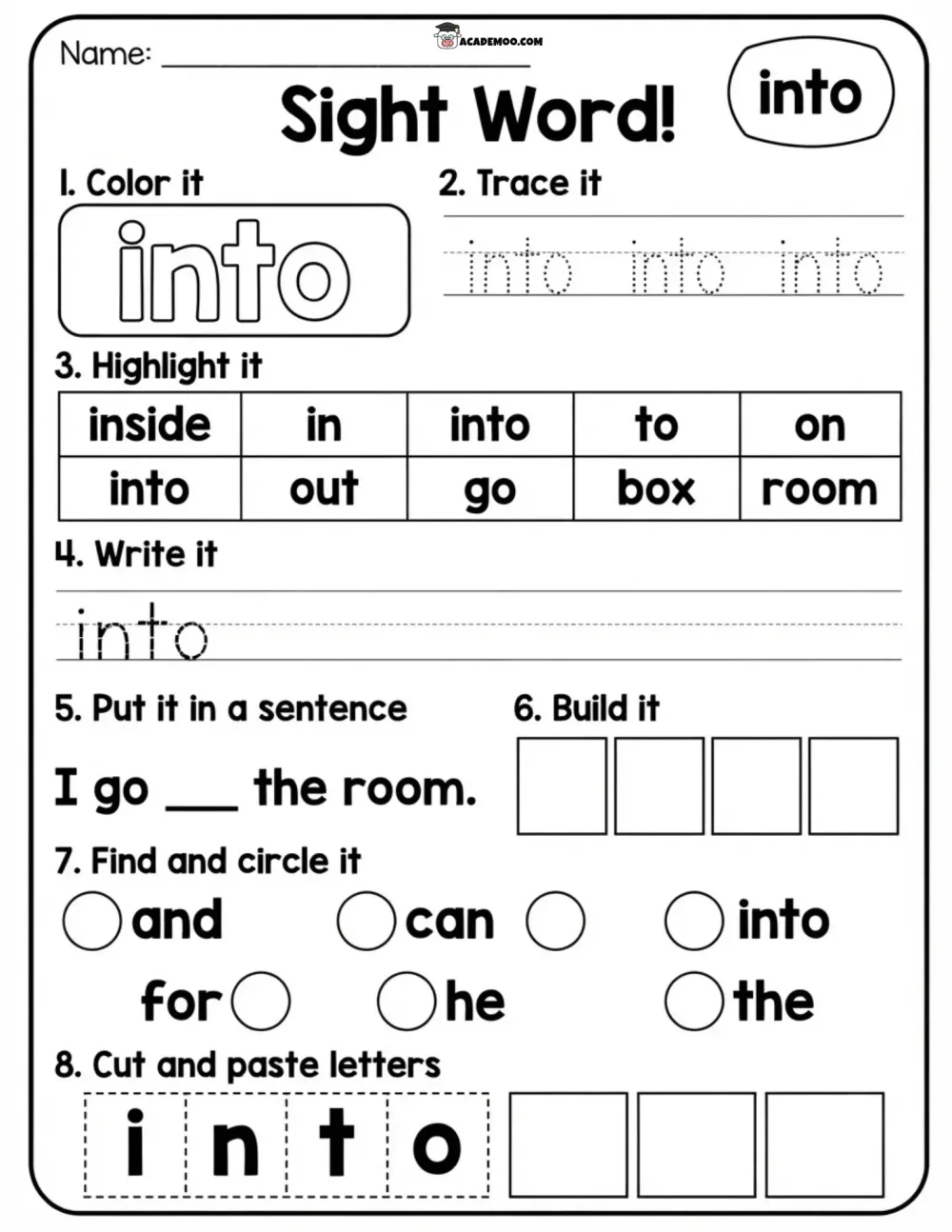 Sight Word Into worksheet kindergarten language arts printable PDF · Printable sight word into worksheet for Kindergarten.