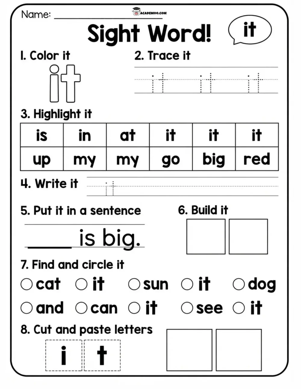 Sight Word It worksheet kindergarten language arts printable PDF · Printable sight word it worksheet for Kindergarten.