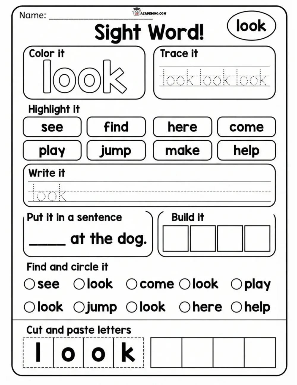 Sight Word Look worksheet kindergarten language arts printable PDF · Printable sight word look worksheet for Kindergarten.