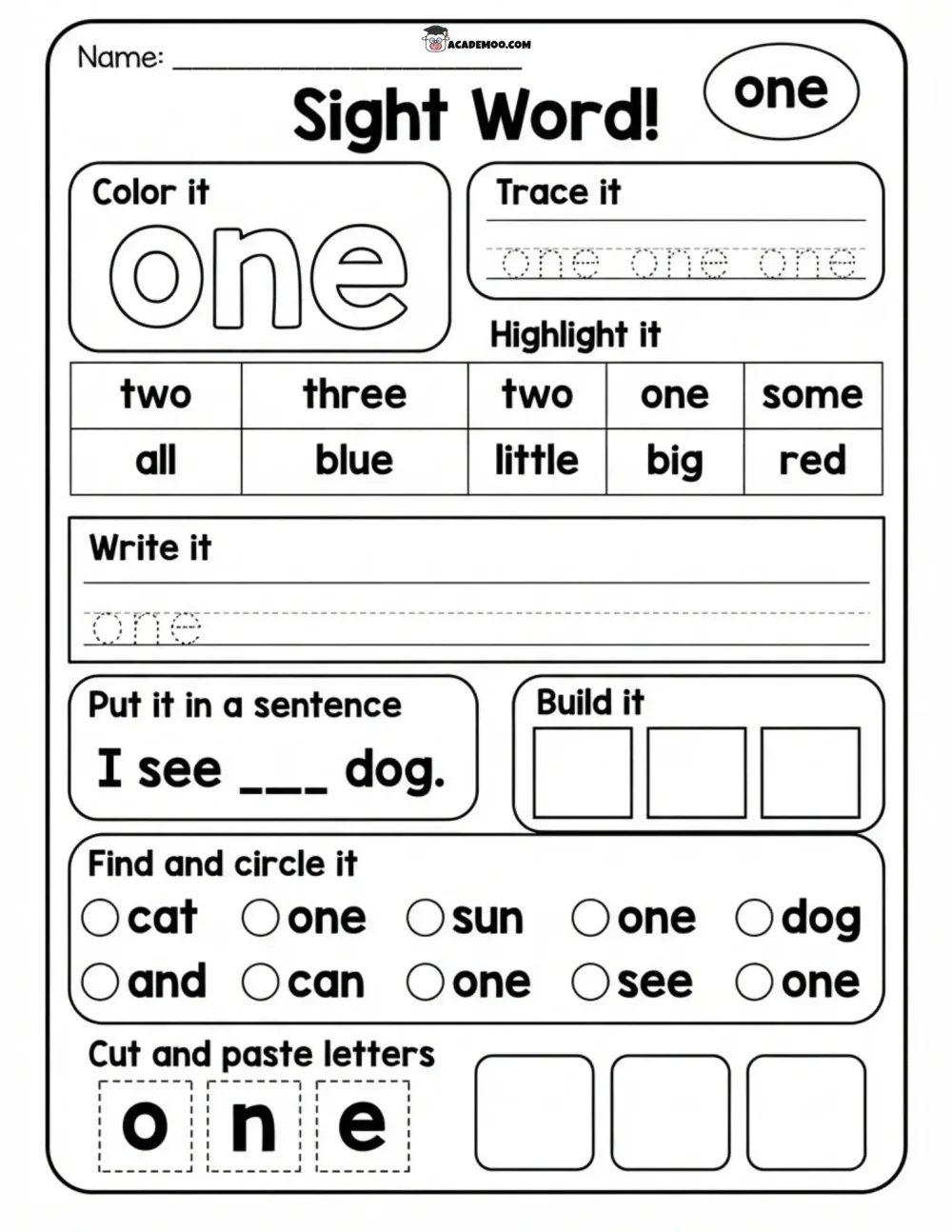 Sight Word One worksheet kindergarten language arts printable PDF · Printable sight word one worksheet for Kindergarten.
