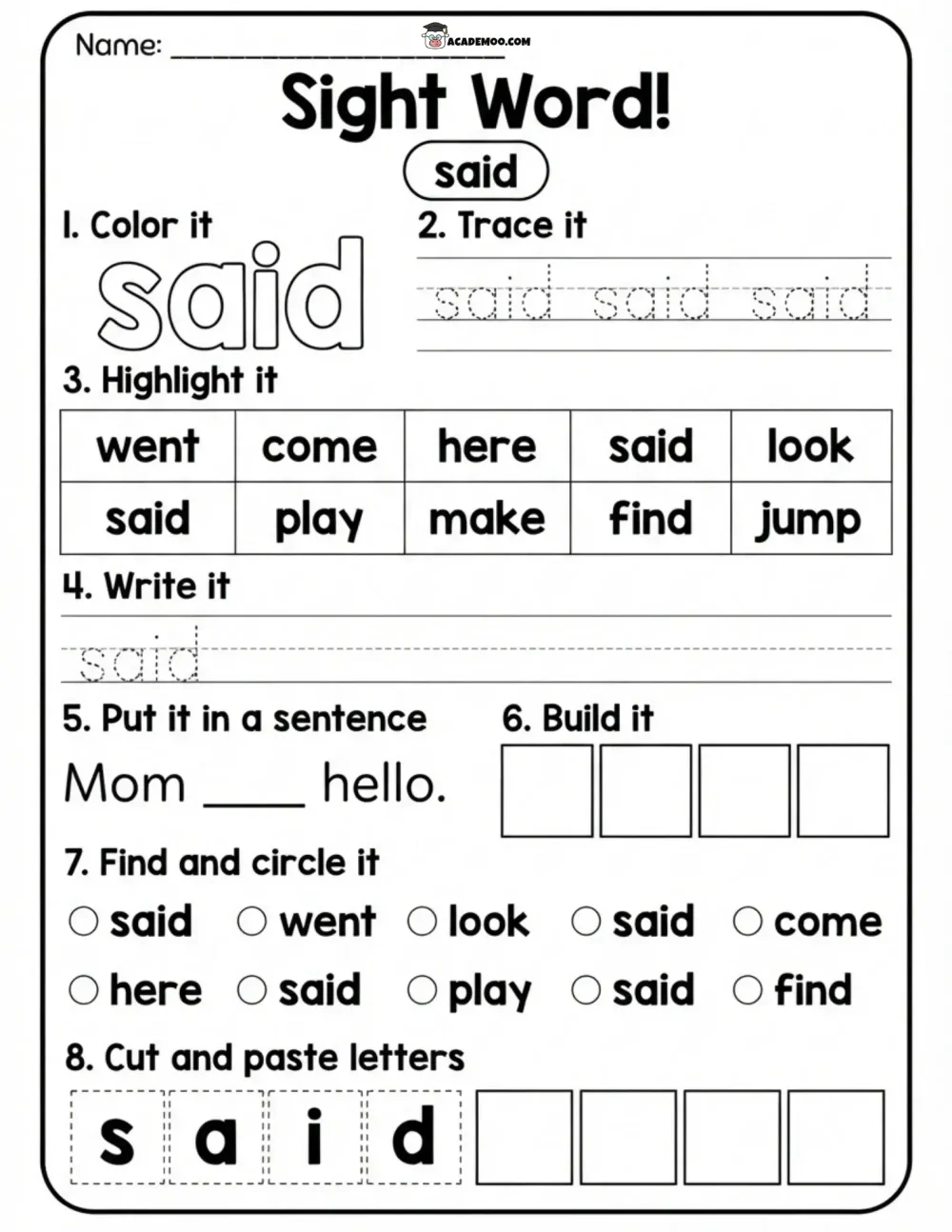 Sight Word Said worksheet kindergarten language arts printable PDF · Printable sight word said worksheet for Kindergarten.