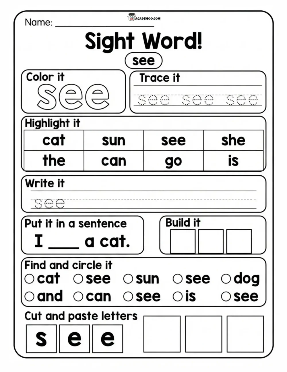 Sight Word See worksheet kindergarten language arts printable PDF · Printable sight word see worksheet for Kindergarten.