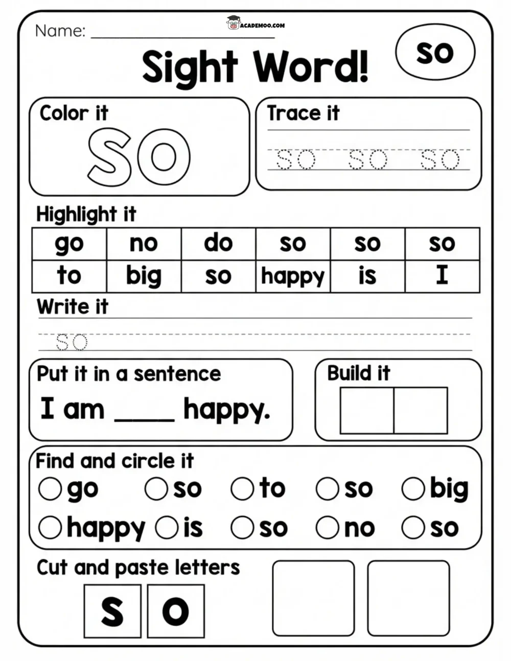 Sight Word So worksheet kindergarten language arts printable PDF · Printable sight word so worksheet for Kindergarten.