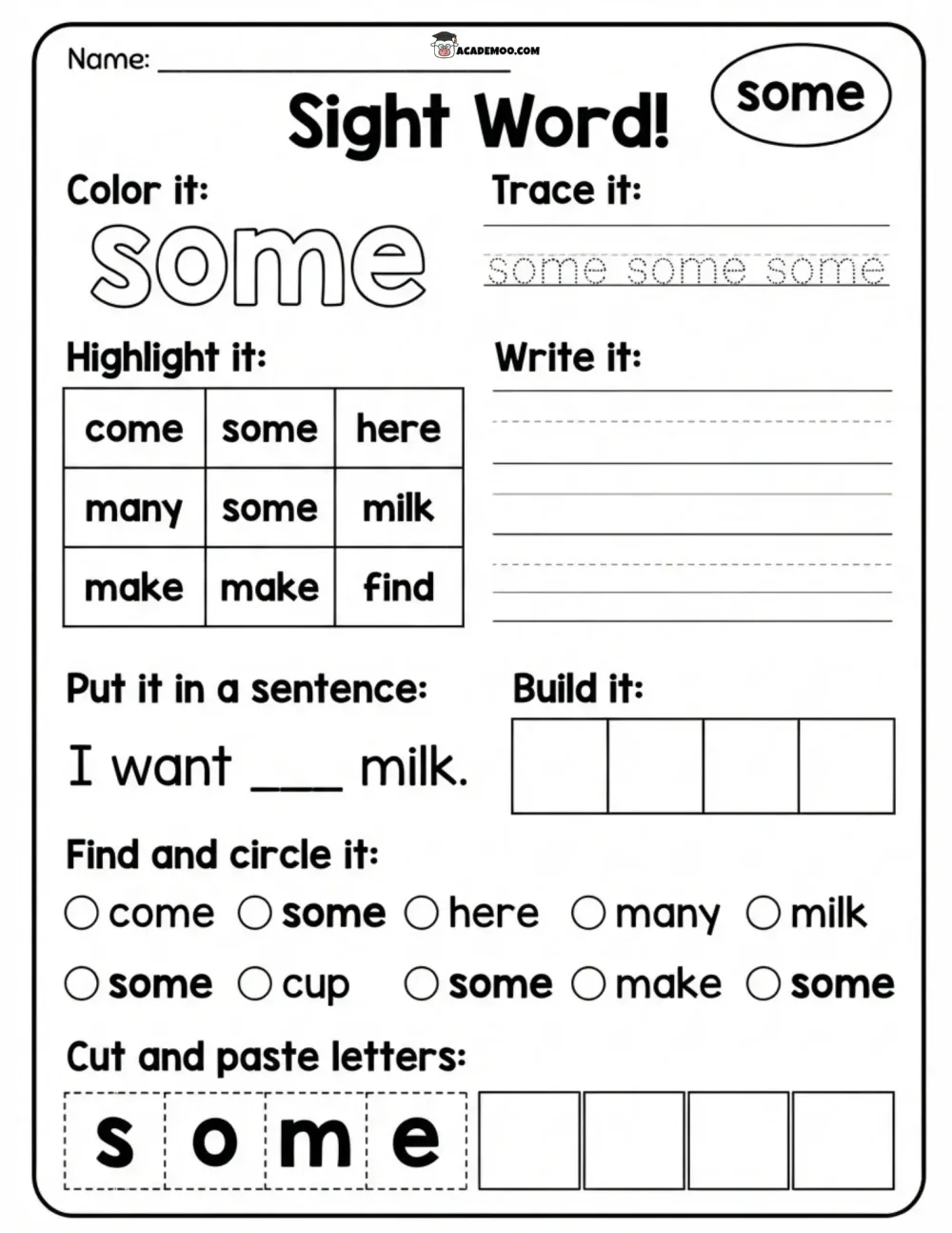 Sight Word Some worksheet kindergarten language arts printable PDF · Printable sight word some worksheet for Kindergarten.