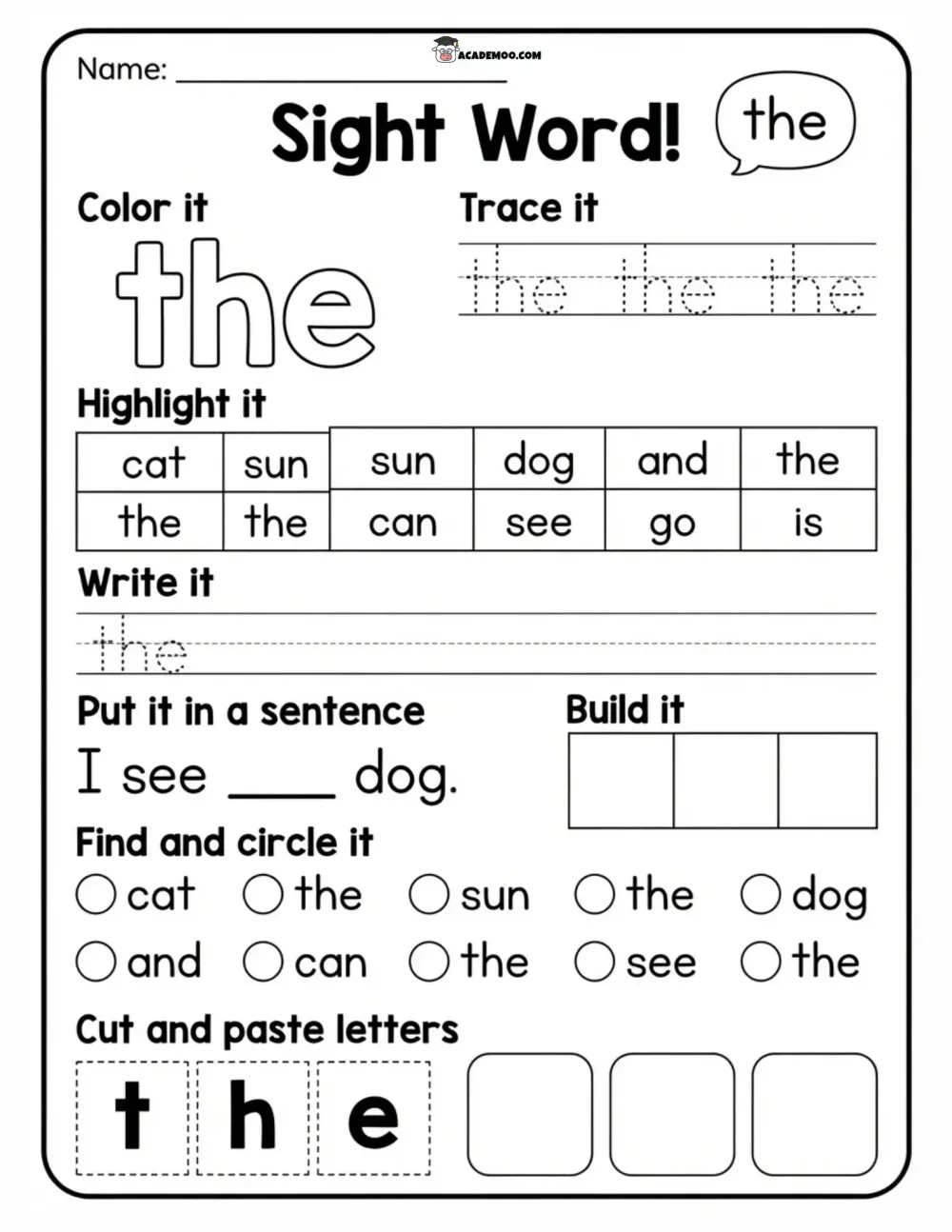 Sight Word The worksheet kindergarten language arts printable PDF · Printable sight word the worksheet for Kindergarten.