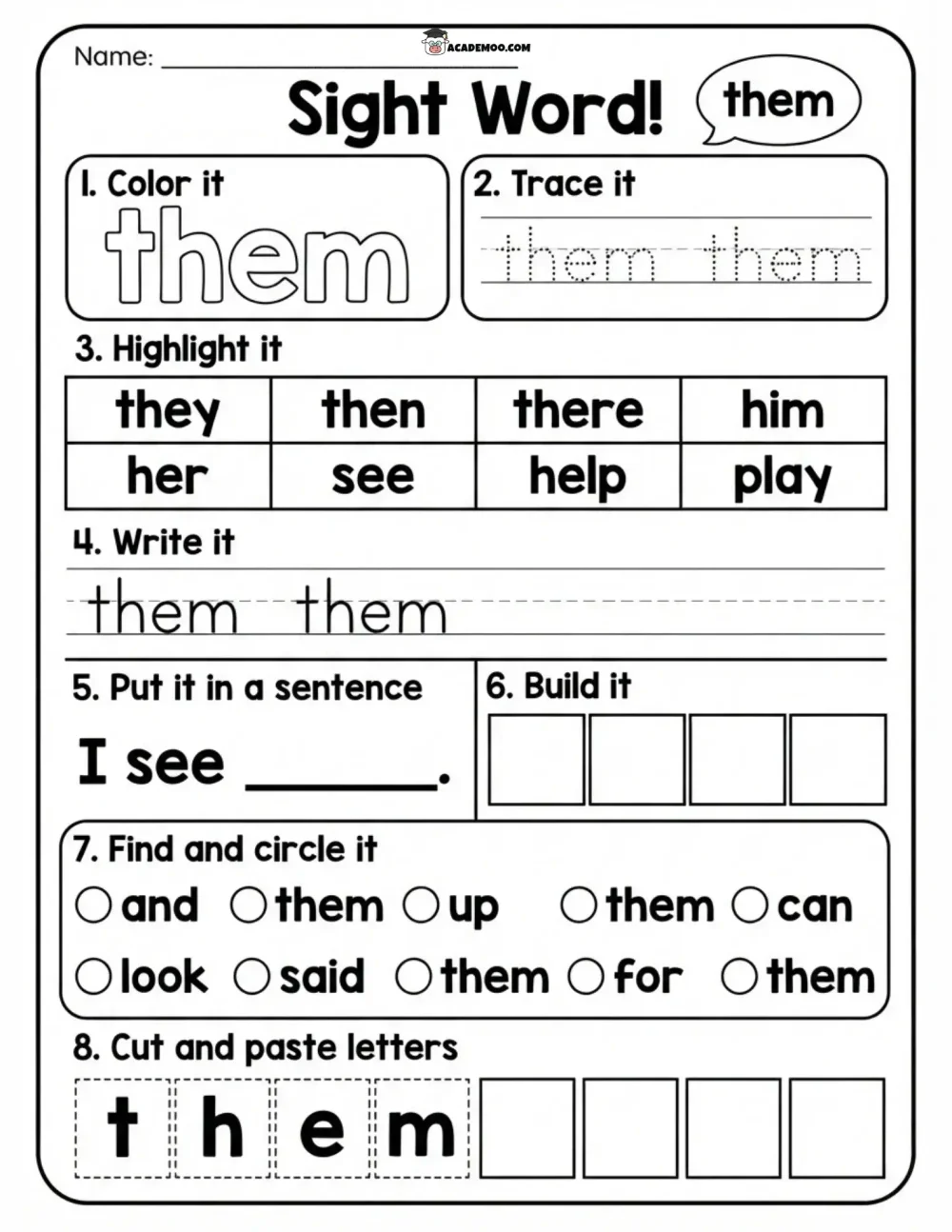 Sight Word Them worksheet kindergarten language arts printable PDF · Printable sight word them worksheet for Kindergarten.