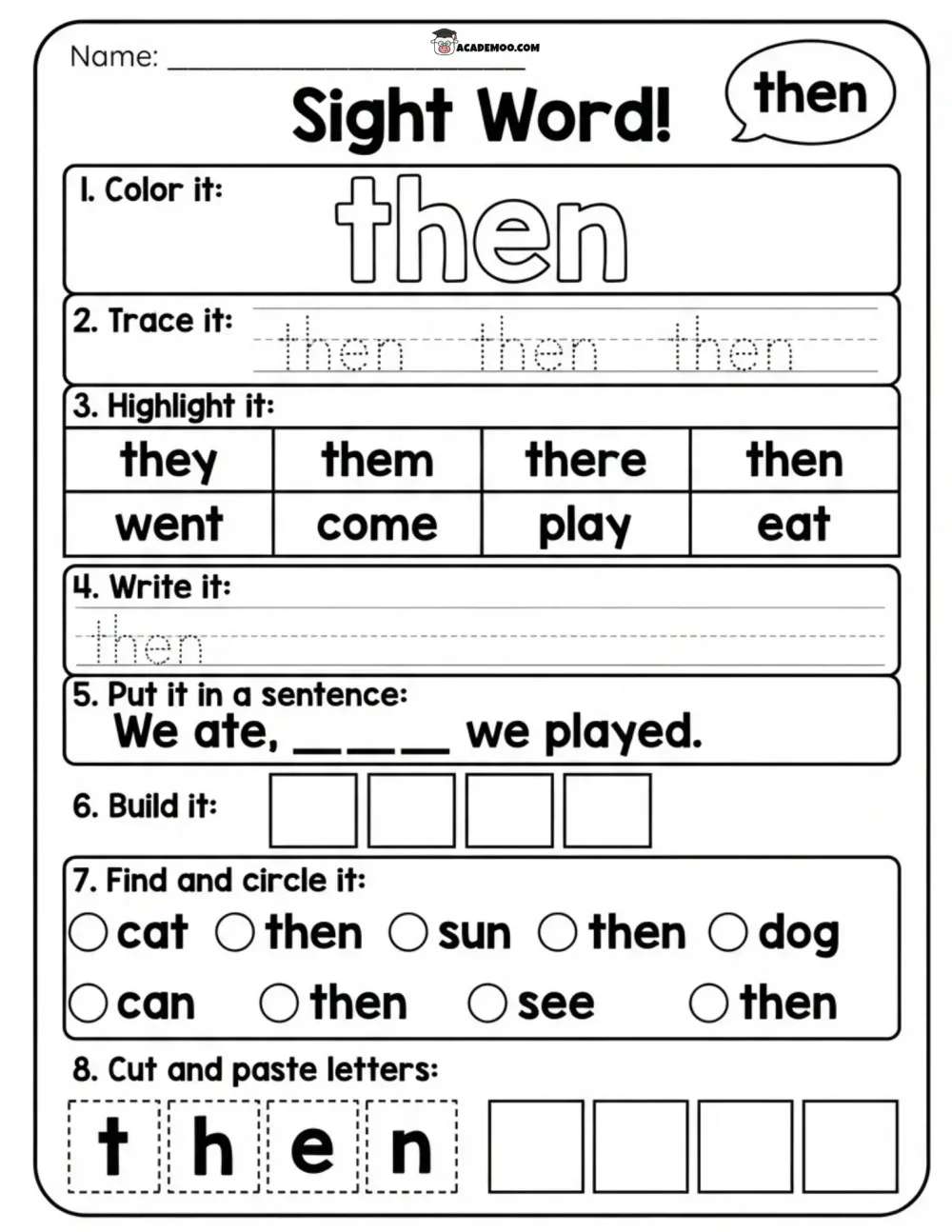Sight Word Then worksheet kindergarten language arts printable PDF · Printable sight word then worksheet for Kindergarten.