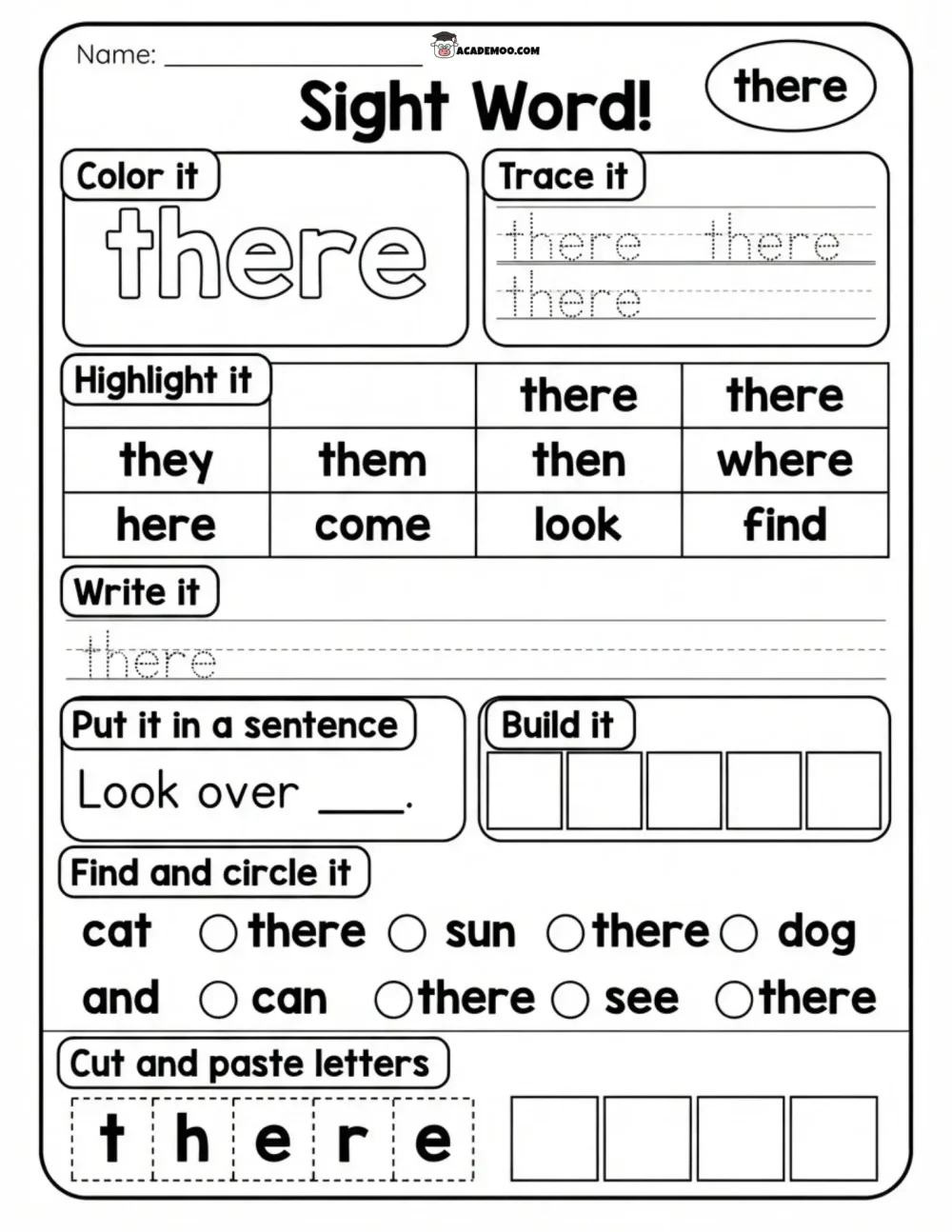 Sight Word There worksheet kindergarten language arts printable PDF · Printable sight word there worksheet for Kindergarten.