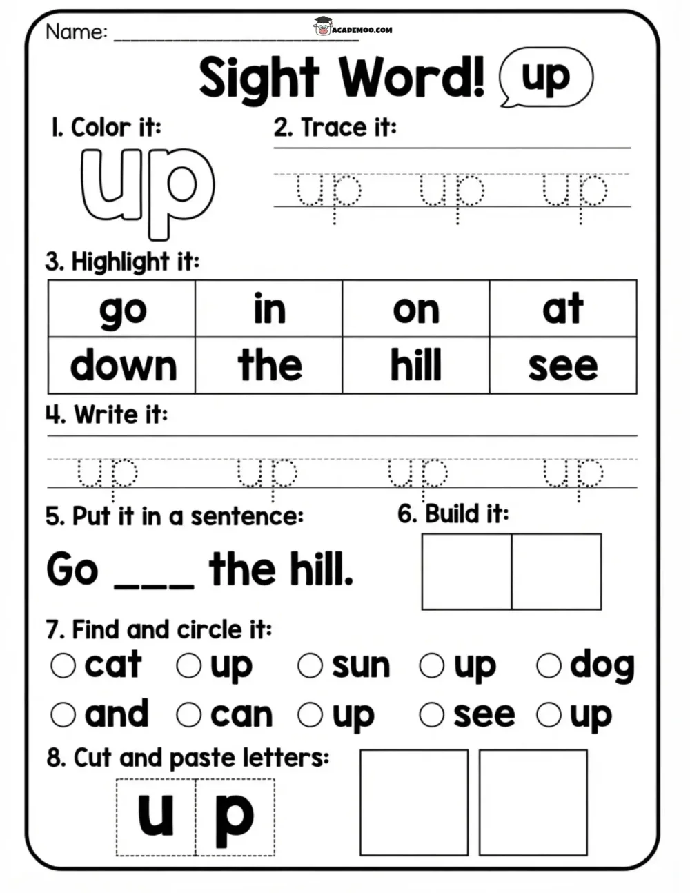 Sight Word Up worksheet kindergarten language arts printable PDF · Printable sight word up worksheet for Kindergarten.