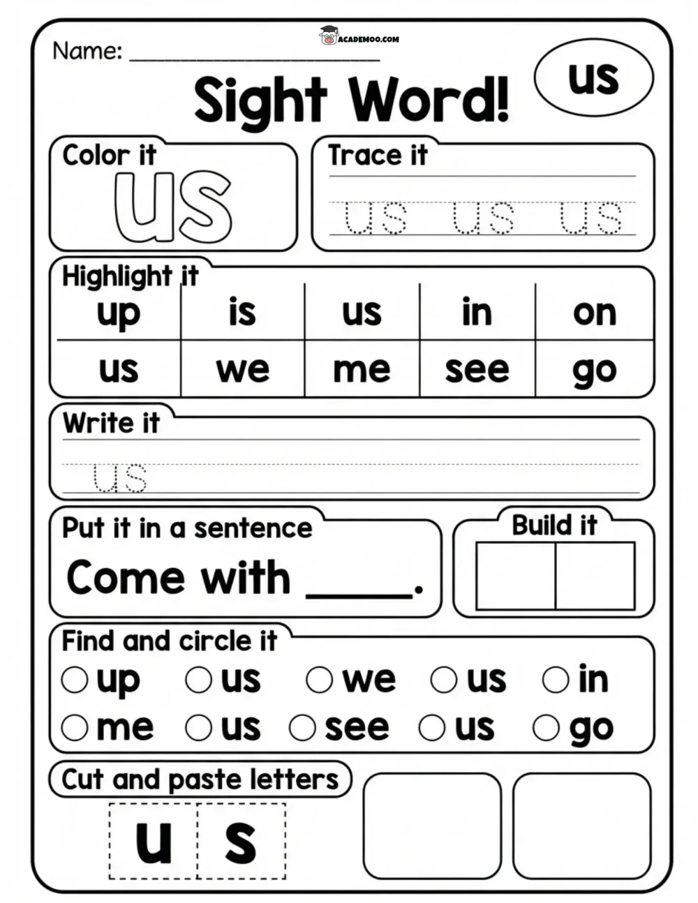 Sight Word Us worksheet kindergarten language arts printable PDF · Printable sight word us worksheet for Kindergarten.