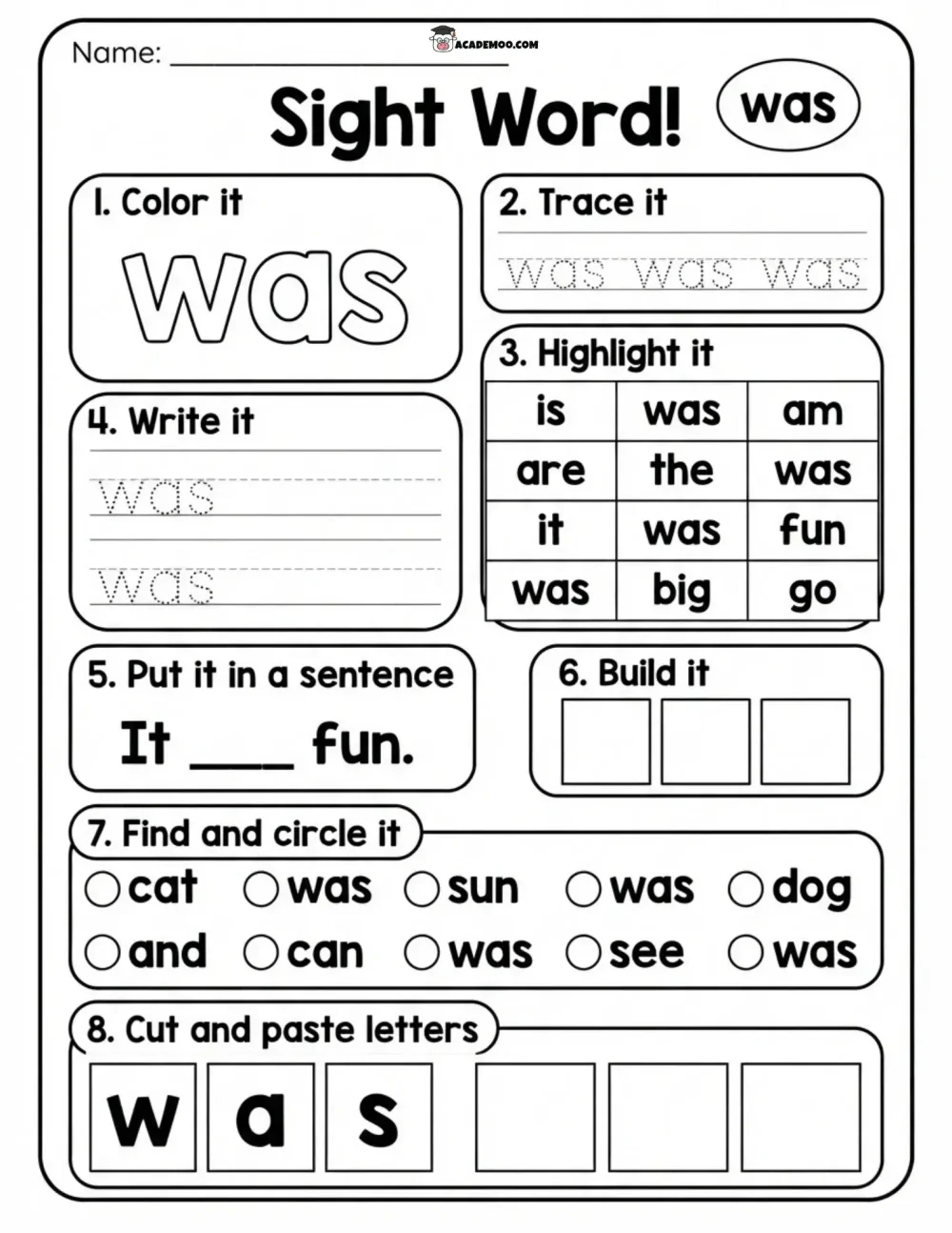 Sight Word Was worksheet kindergarten language arts printable PDF · Printable sight word was worksheet for Kindergarten.