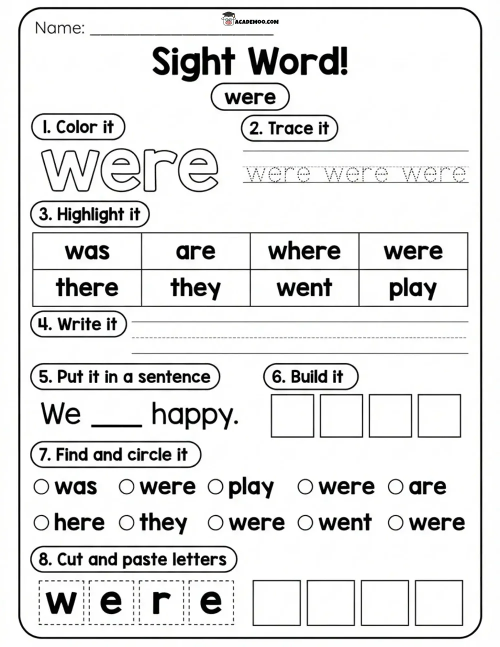 Sight Word Were worksheet kindergarten language arts printable PDF · Printable sight word were worksheet for Kindergarten.