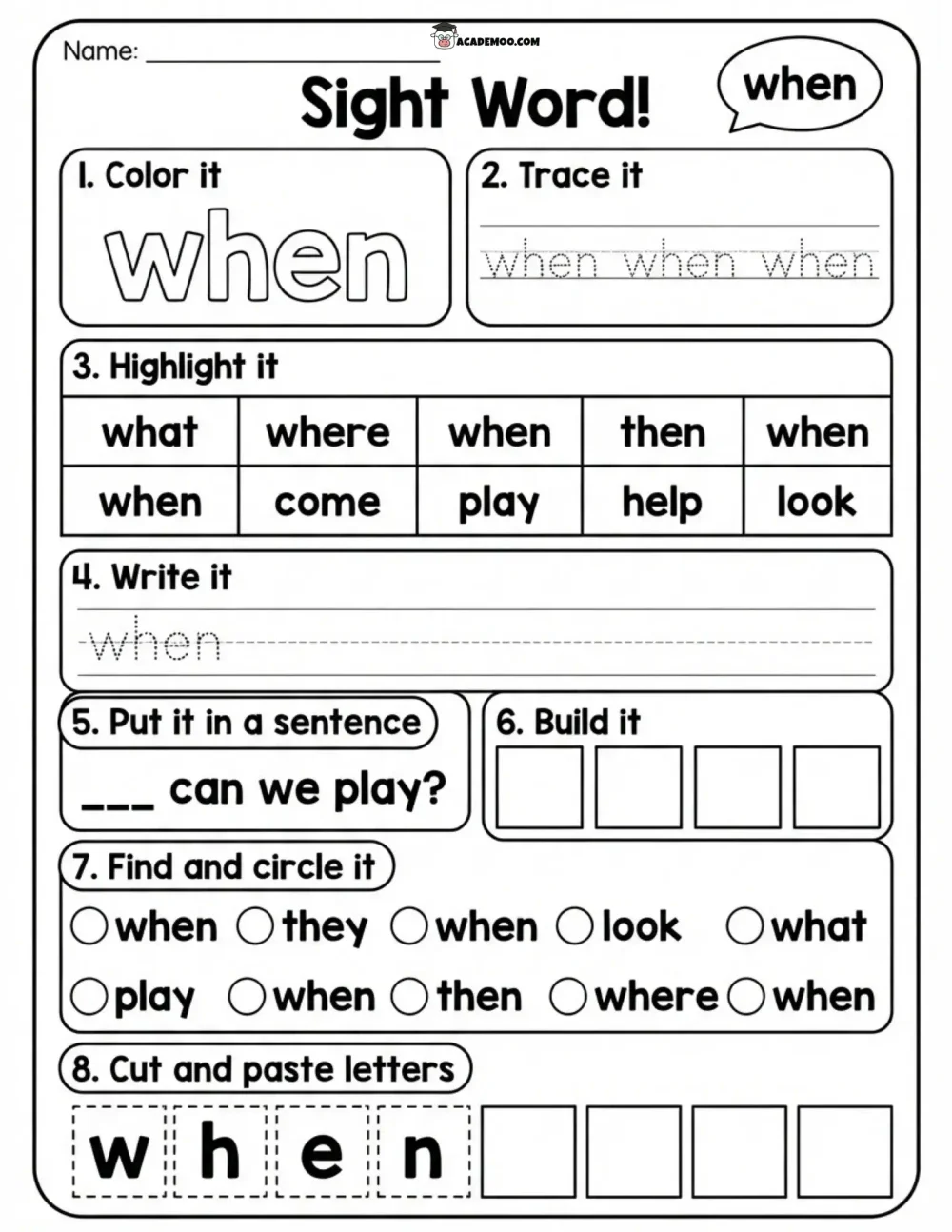 Sight Word When worksheet kindergarten language arts printable PDF · Printable sight word when worksheet for Kindergarten.