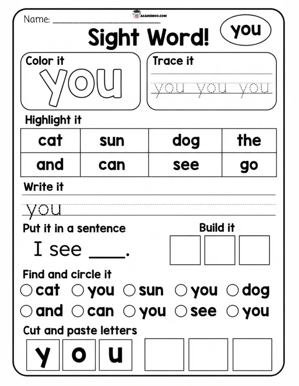 Sight Word You worksheet kindergarten language arts printable PDF · Printable sight word you worksheet for Kindergarten.
