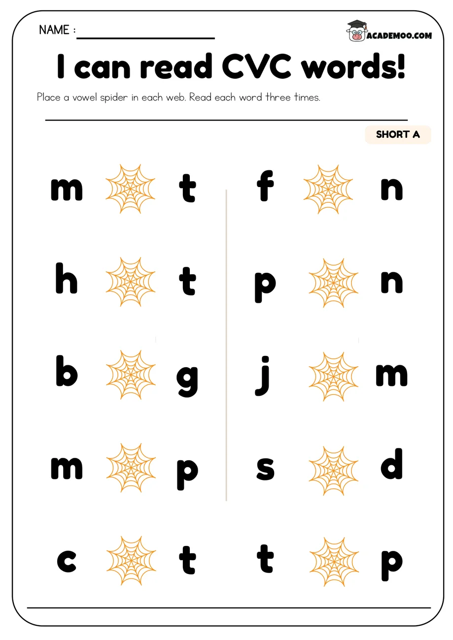Spider CVC Words worksheet kindergarten language arts printable PDF · Free printable spider CVC words worksheet pack for Kindergarten.