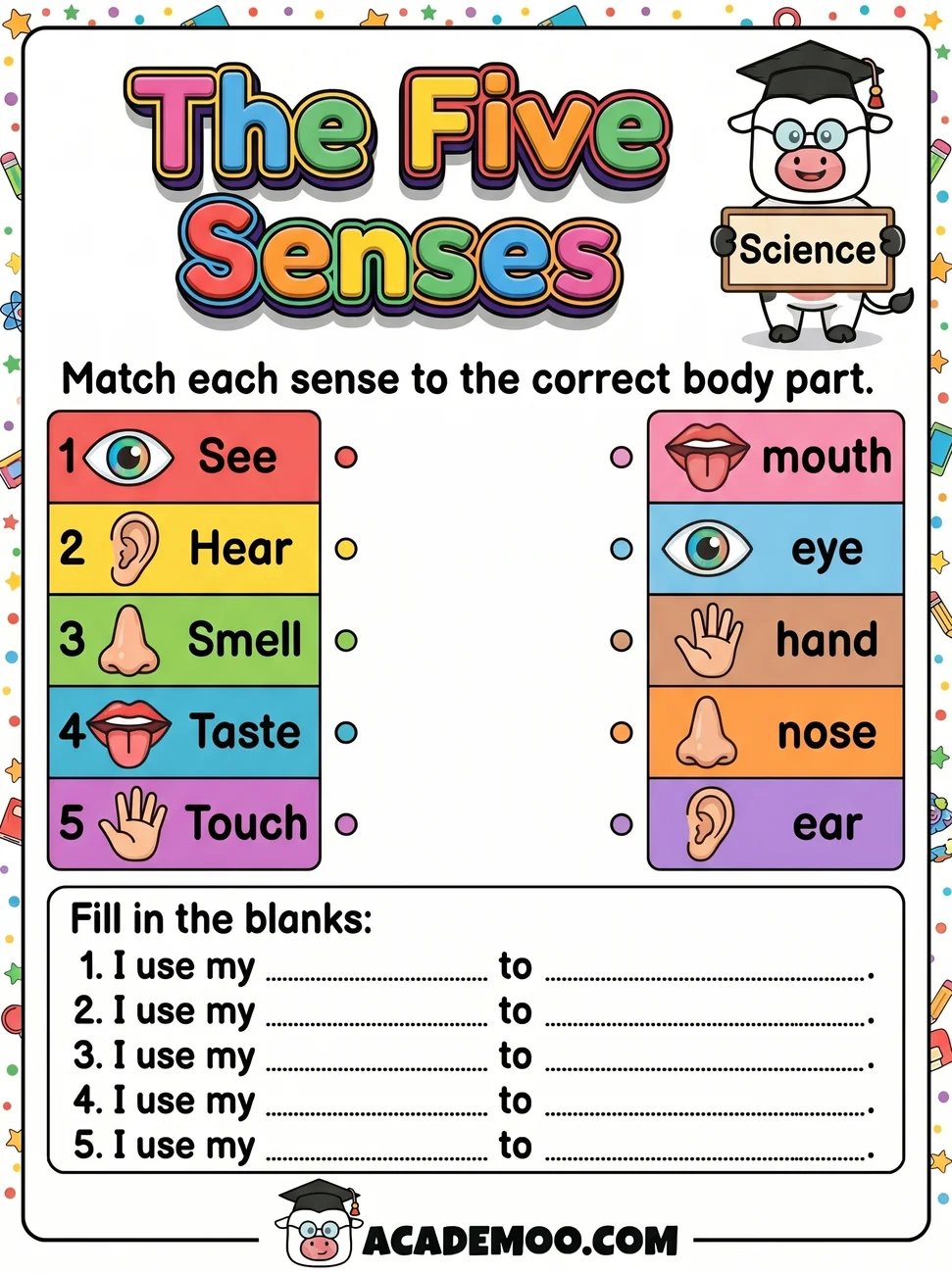 The Five Senses worksheet kindergarten science printable PDF · Printable the five senses worksheet for Kindergarten.