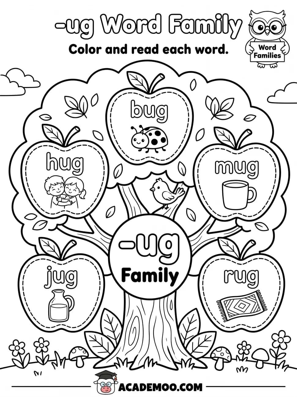 -ug Word Family worksheet kindergarten language arts printable PDF · Color and read each -ug word on the apple tree: bug, hug, mug, jug, rug.