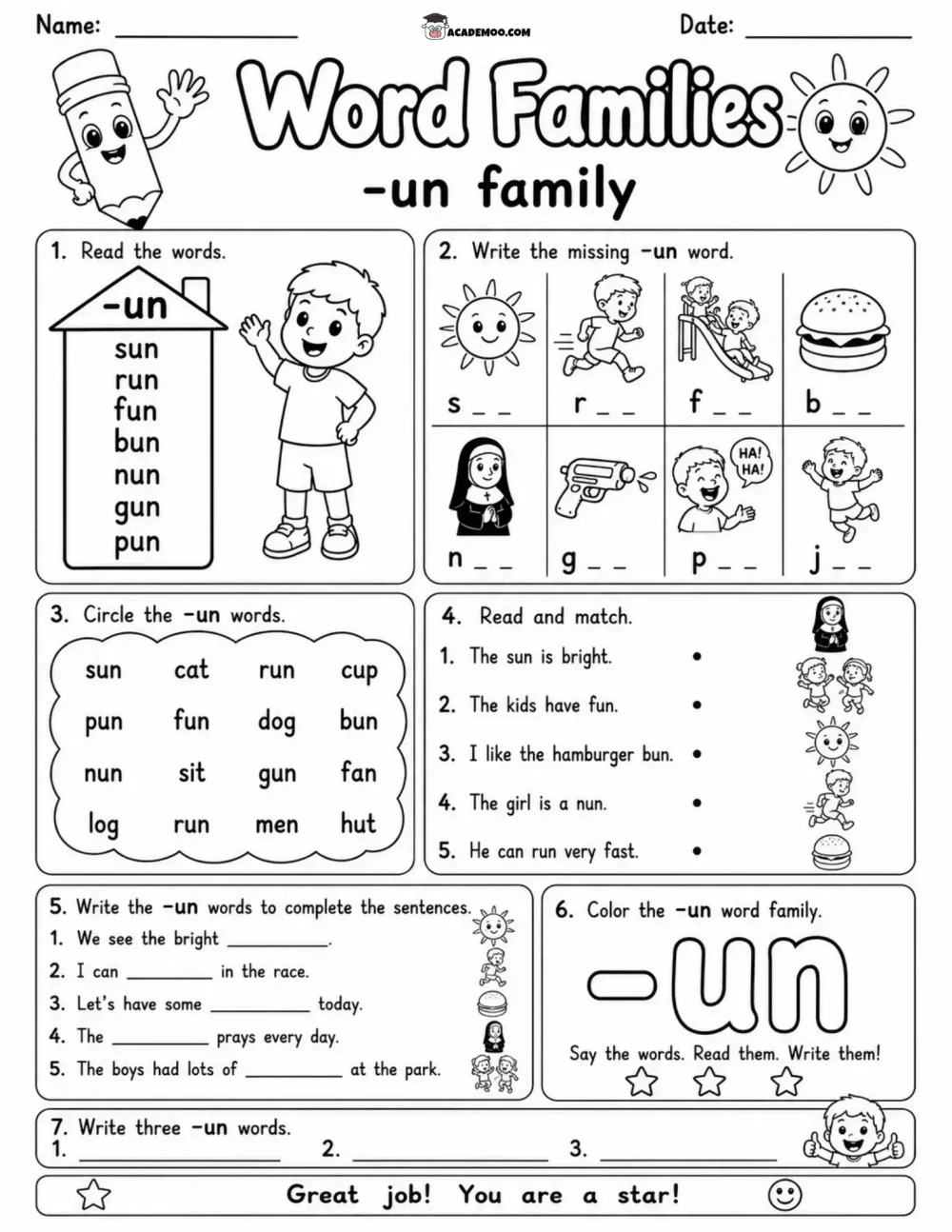 UN Word Family Practice worksheet kindergarten language arts printable PDF · Printable un word family practice worksheet for Kindergarten.