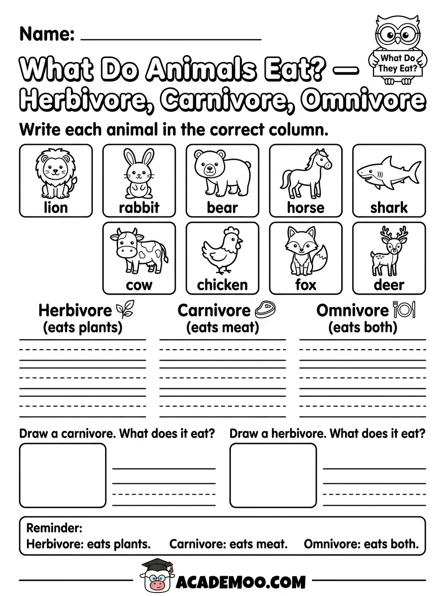 What Do Animals Eat? worksheet kindergarten science printable PDF · Printable what do animals eat?