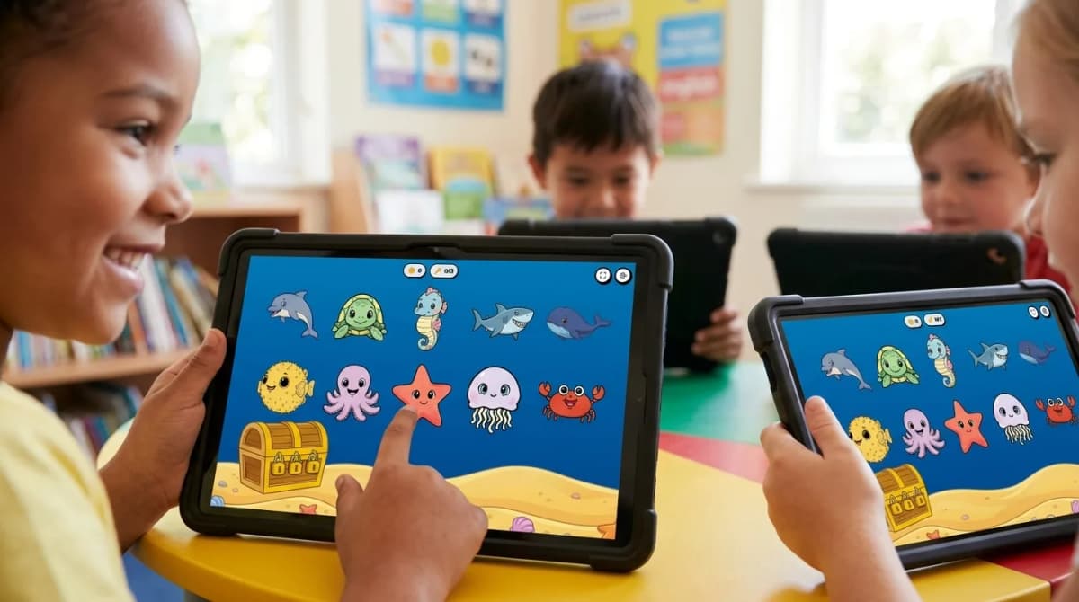 Children playing educational speech therapy games on tablets in a classroom