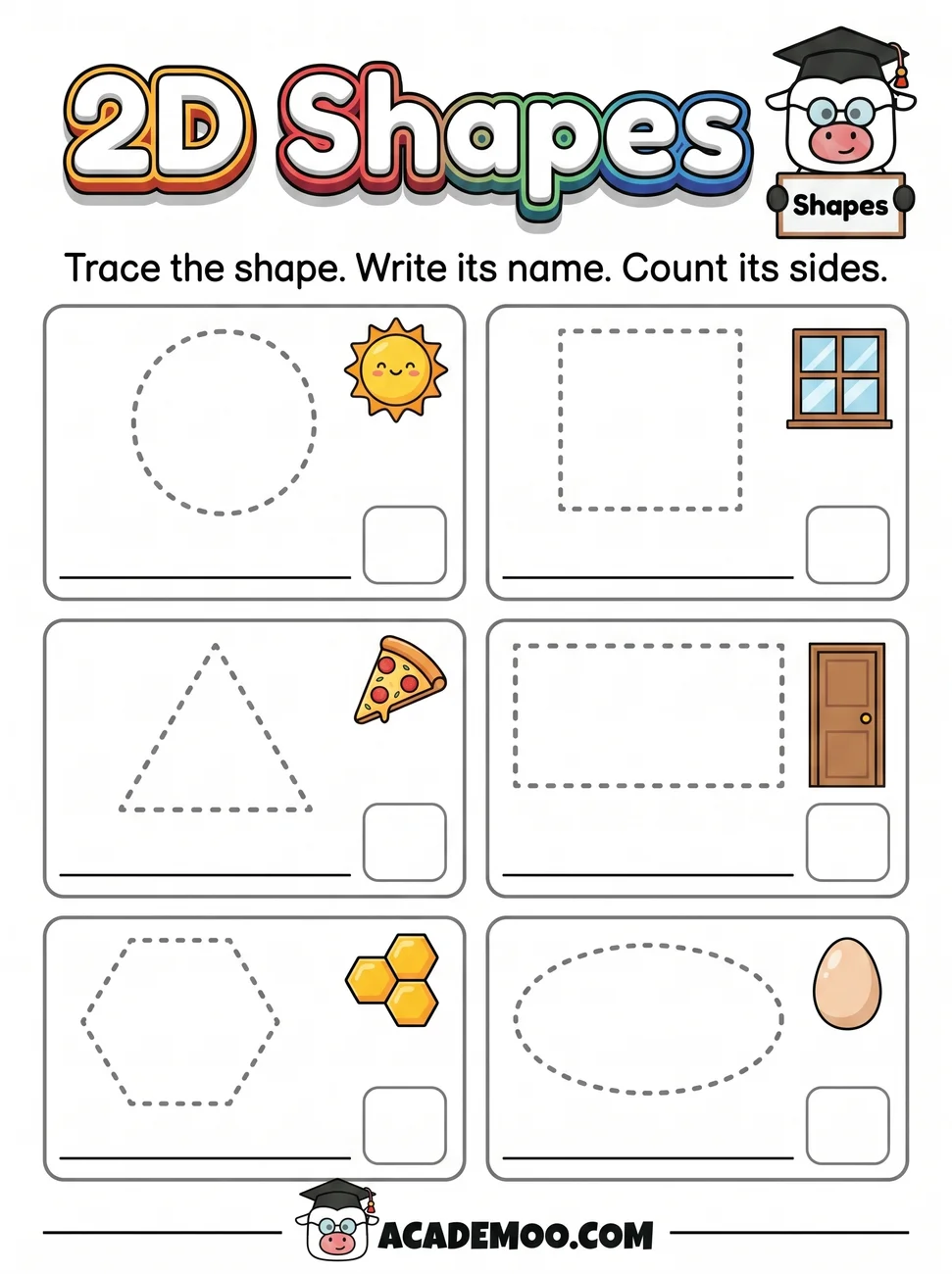 2D Shapes Trace and Count worksheet pre-k math printable PDF · Free printable 2d shapes trace and count worksheet for Pre-K.