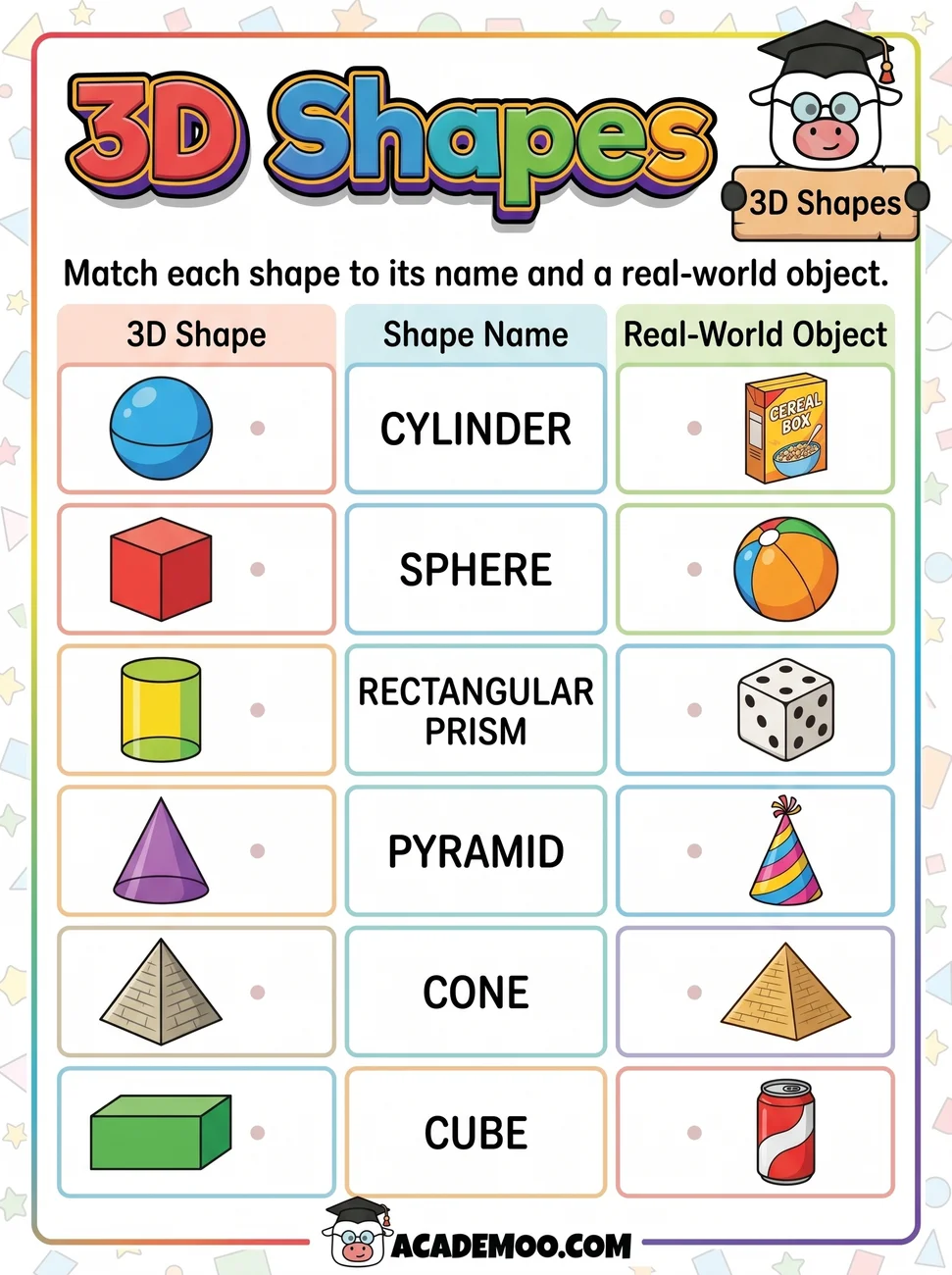3D Shapes Match worksheet 1st grade math printable PDF · Free printable 3d shapes match worksheet for 1st Grade.