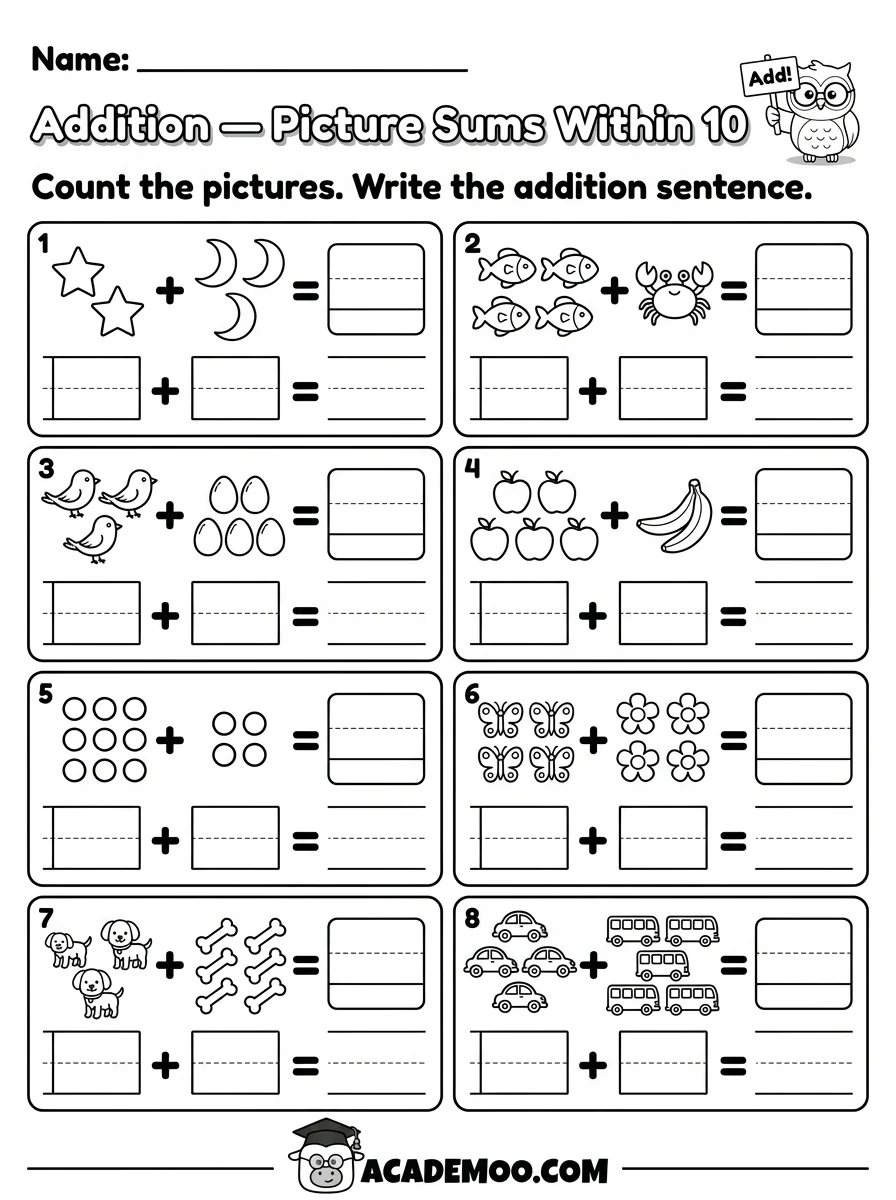 Addition Picture Sums Within 10 worksheet kindergarten math printable PDF · Printable addition picture sums within 10 worksheet for Kindergarten.