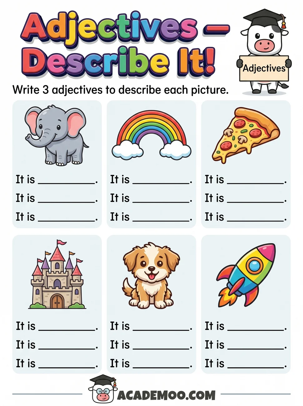 Adjectives Describe It worksheet kindergarten language arts printable PDF · Free printable adjectives describe it worksheet for Kindergarten.