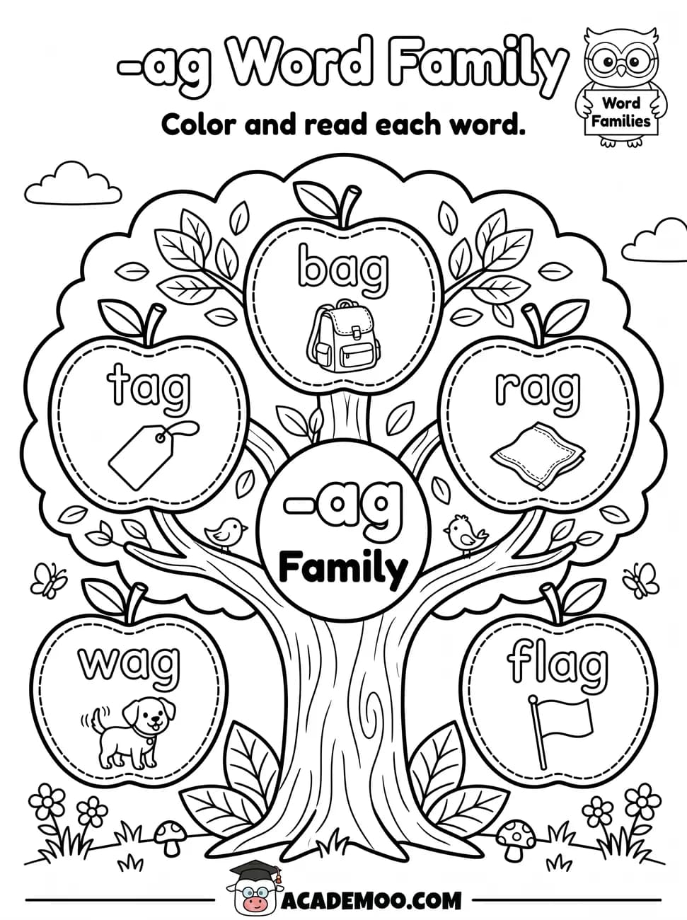 -ag Word Family worksheet kindergarten language arts printable PDF · Color and read each -ag word on the apple tree: bag, tag, rag, wag, flag.
