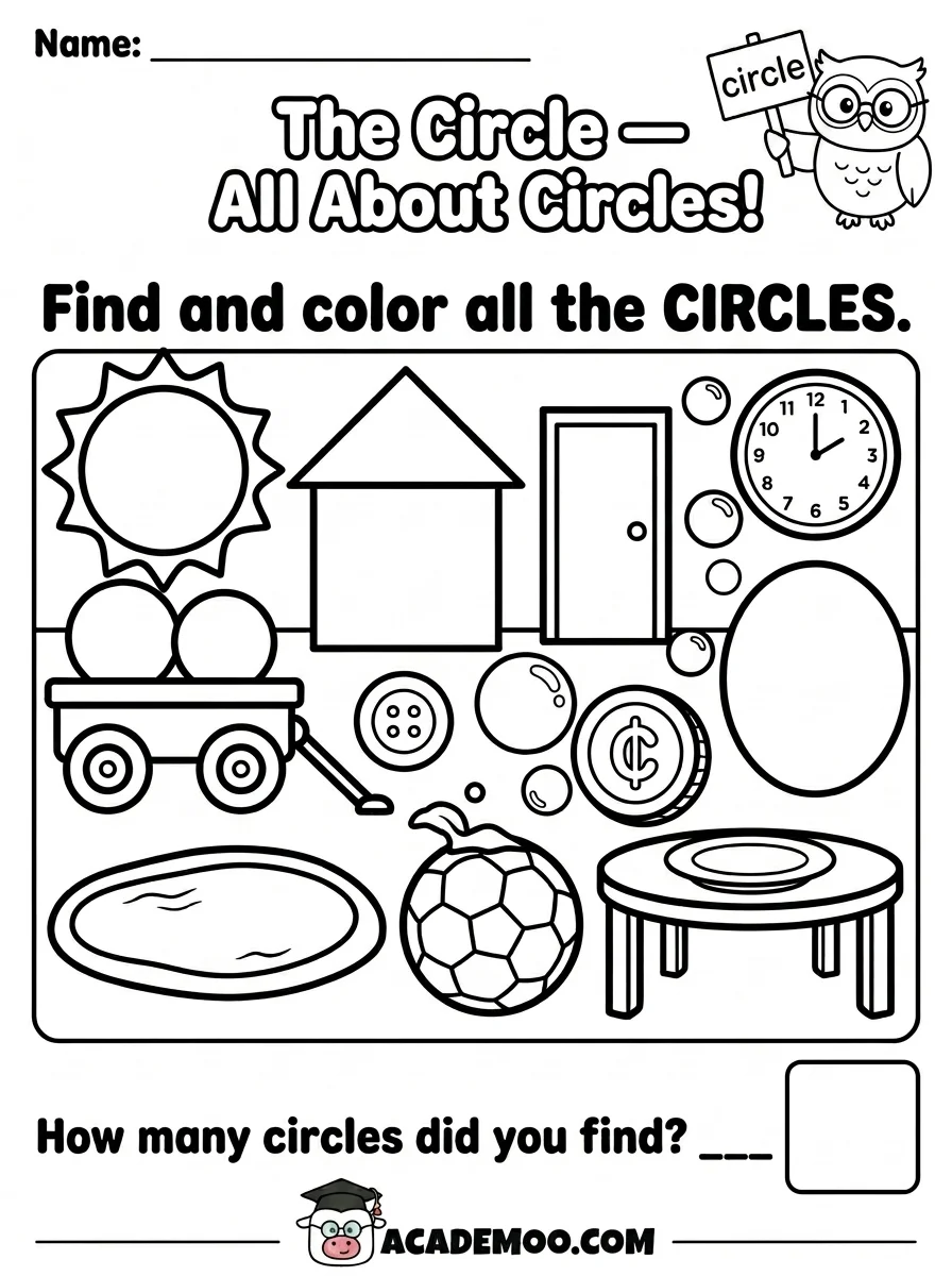 All About Circles worksheet kindergarten math printable PDF · Printable all about circles worksheet for Kindergarten.