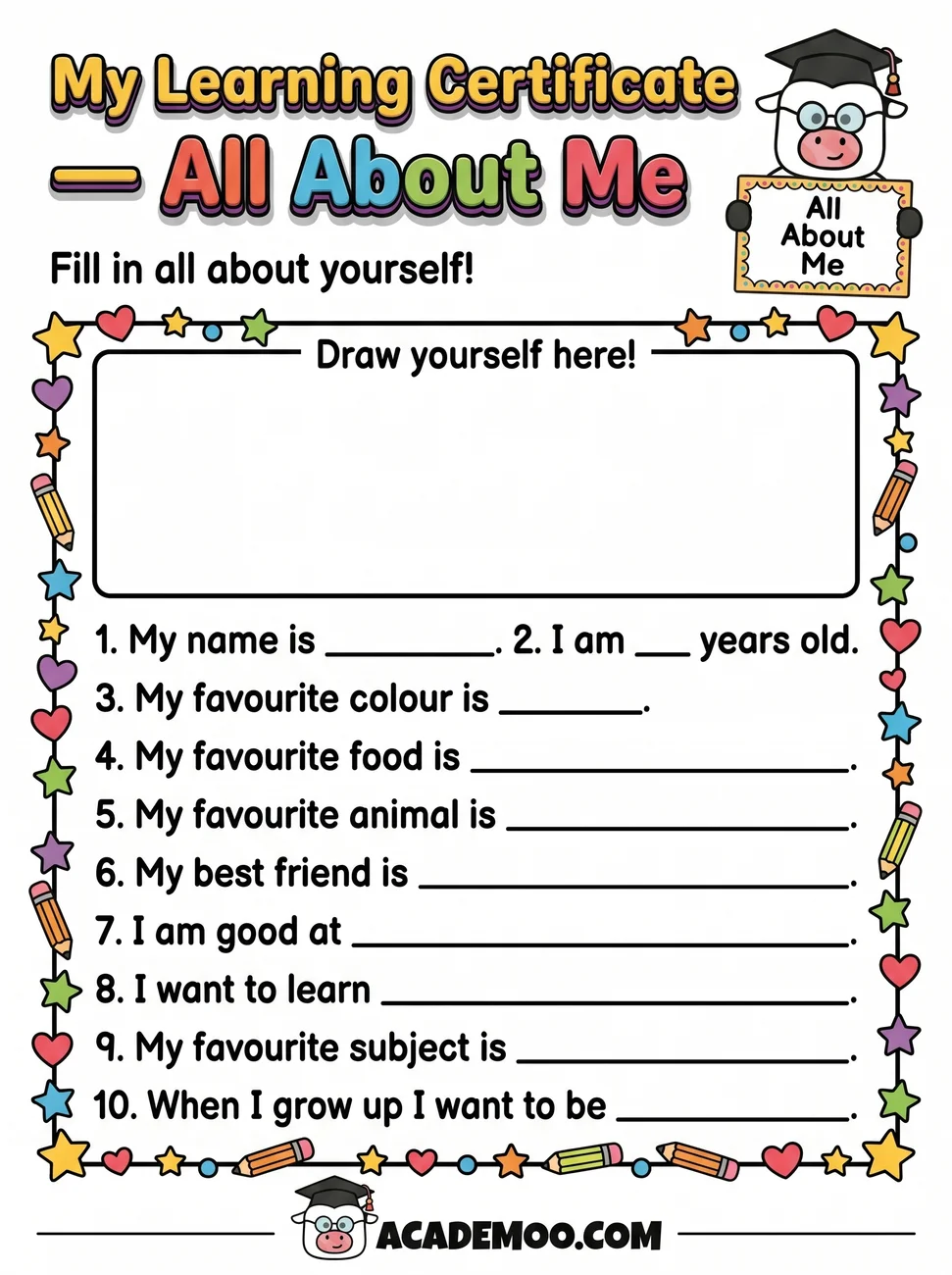 All About Me Learning Certificate worksheet kindergarten language arts printable PDF · Free printable all about me learning certificate worksheet for Kindergarten.