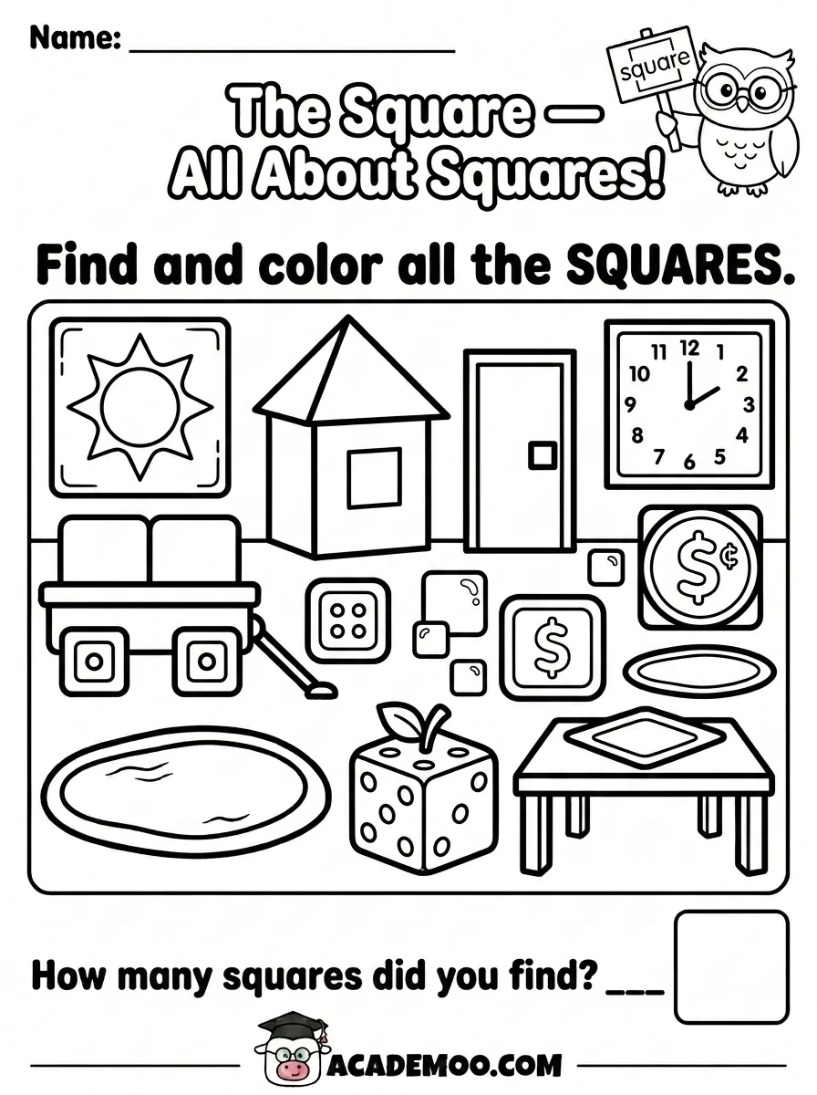 All About Squares worksheet kindergarten math printable PDF · Printable all about squares worksheet for Kindergarten.