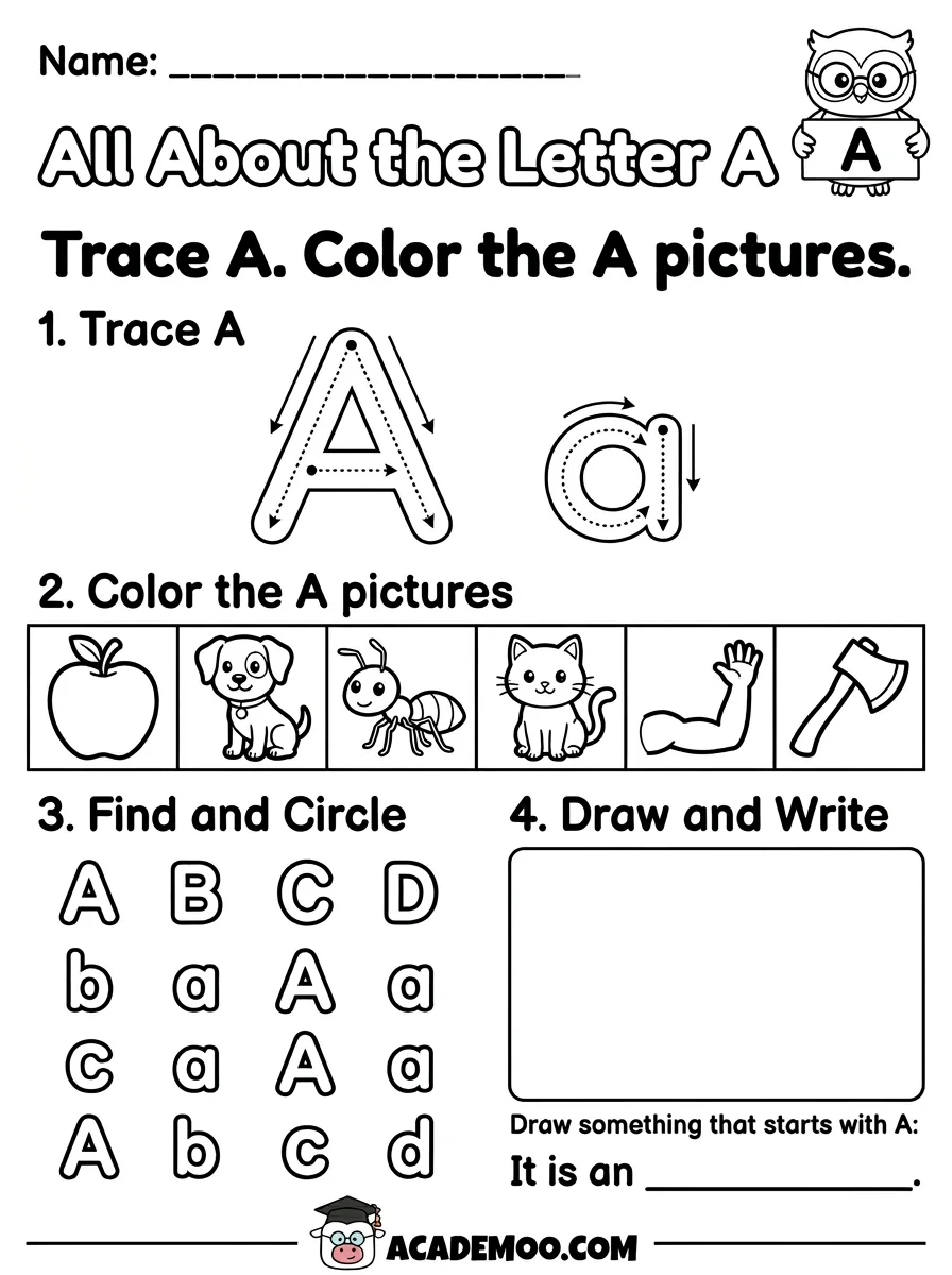 All About the Letter A worksheet kindergarten language arts printable PDF · Free printable All About the Letter A worksheet for Kindergarten.