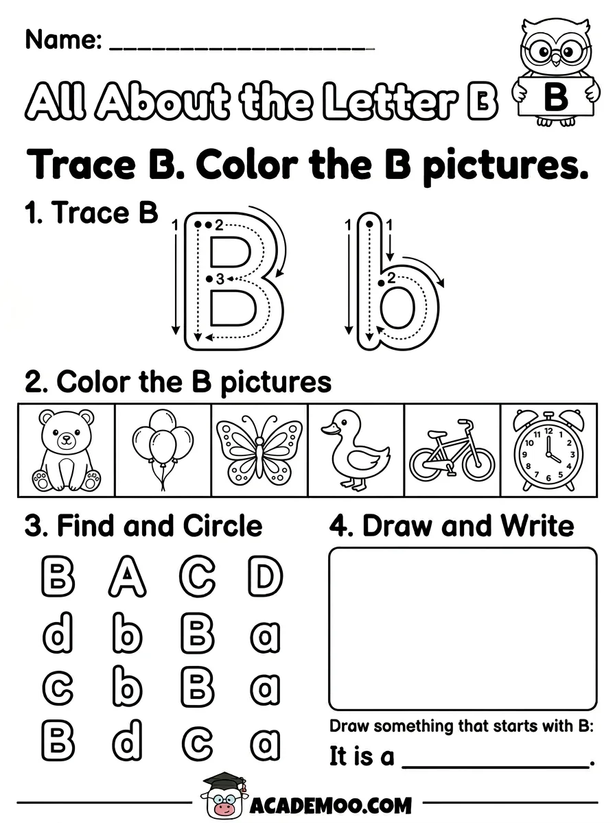 All About the Letter B worksheet kindergarten language arts printable PDF · Free printable All About the Letter B worksheet for Kindergarten.
