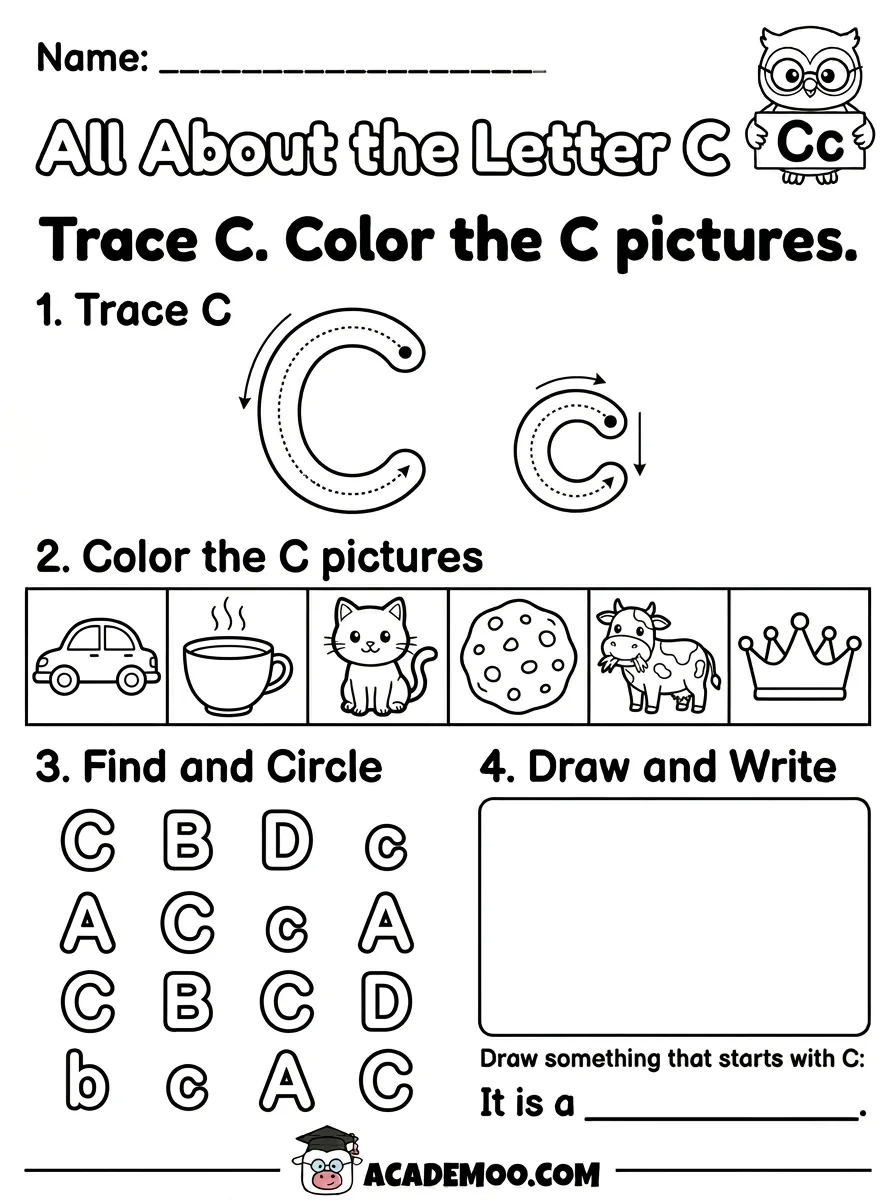 All About the Letter C worksheet kindergarten language arts printable PDF · Free printable All About the Letter C worksheet for Kindergarten.
