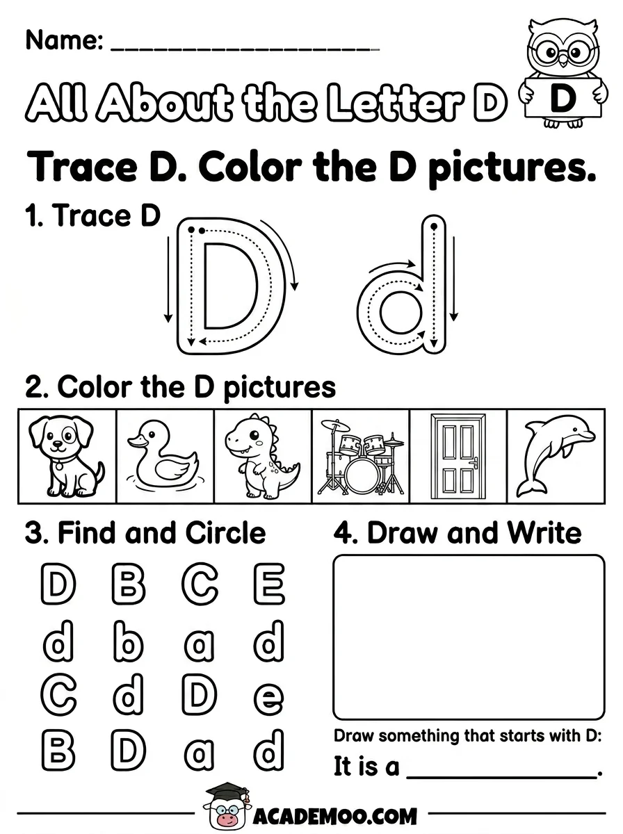 All About the Letter D worksheet kindergarten language arts printable PDF · Free printable All About the Letter D worksheet for Kindergarten.