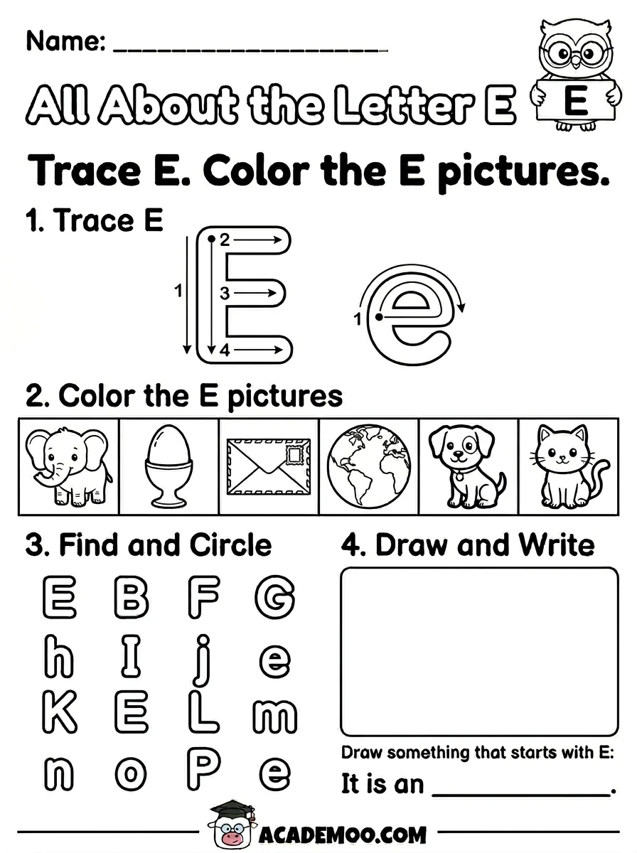 All About the Letter E worksheet kindergarten language arts printable PDF · Free printable All About the Letter E worksheet for Kindergarten.