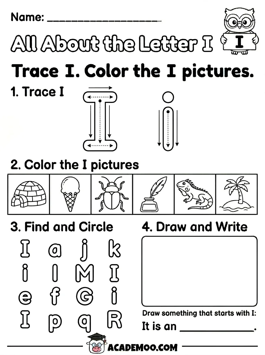 All About the Letter I worksheet kindergarten language arts printable PDF · Free printable All About the Letter I worksheet for Kindergarten.