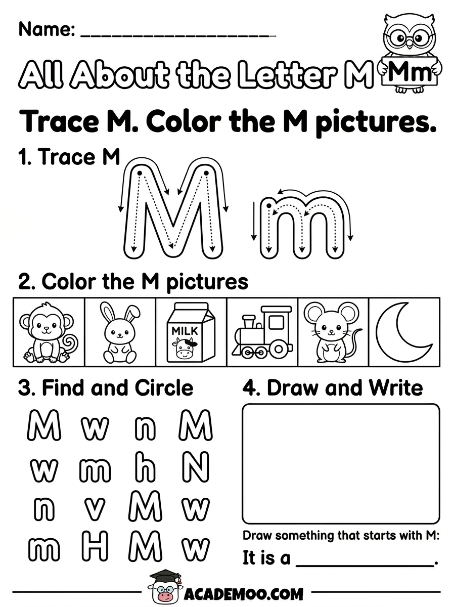 All About the Letter M worksheet kindergarten language arts printable PDF · Free printable All About the Letter M worksheet for Kindergarten.