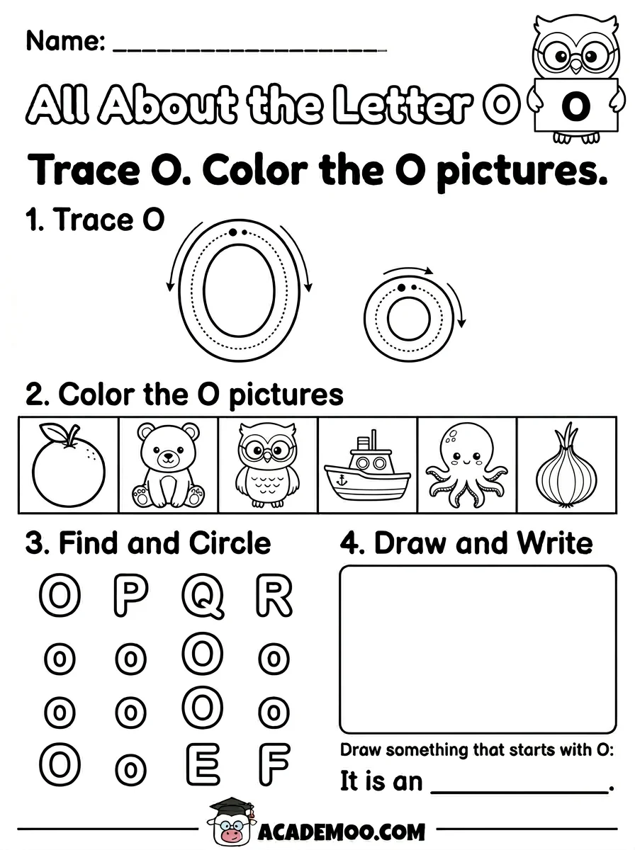 All About the Letter O worksheet kindergarten language arts printable PDF · Free printable All About the Letter O worksheet for Kindergarten.