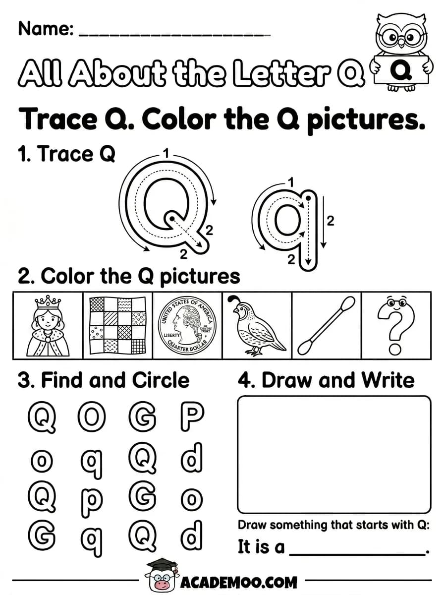 All About the Letter Q worksheet kindergarten language arts printable PDF · Free printable All About the Letter Q worksheet for Kindergarten.