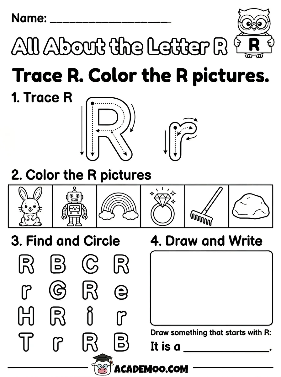 All About the Letter R worksheet kindergarten language arts printable PDF · Free printable All About the Letter R worksheet for Kindergarten.
