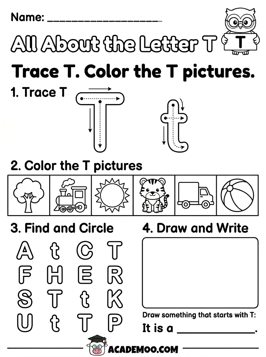 All About the Letter T worksheet kindergarten language arts printable PDF · Free printable All About the Letter T worksheet for Kindergarten.